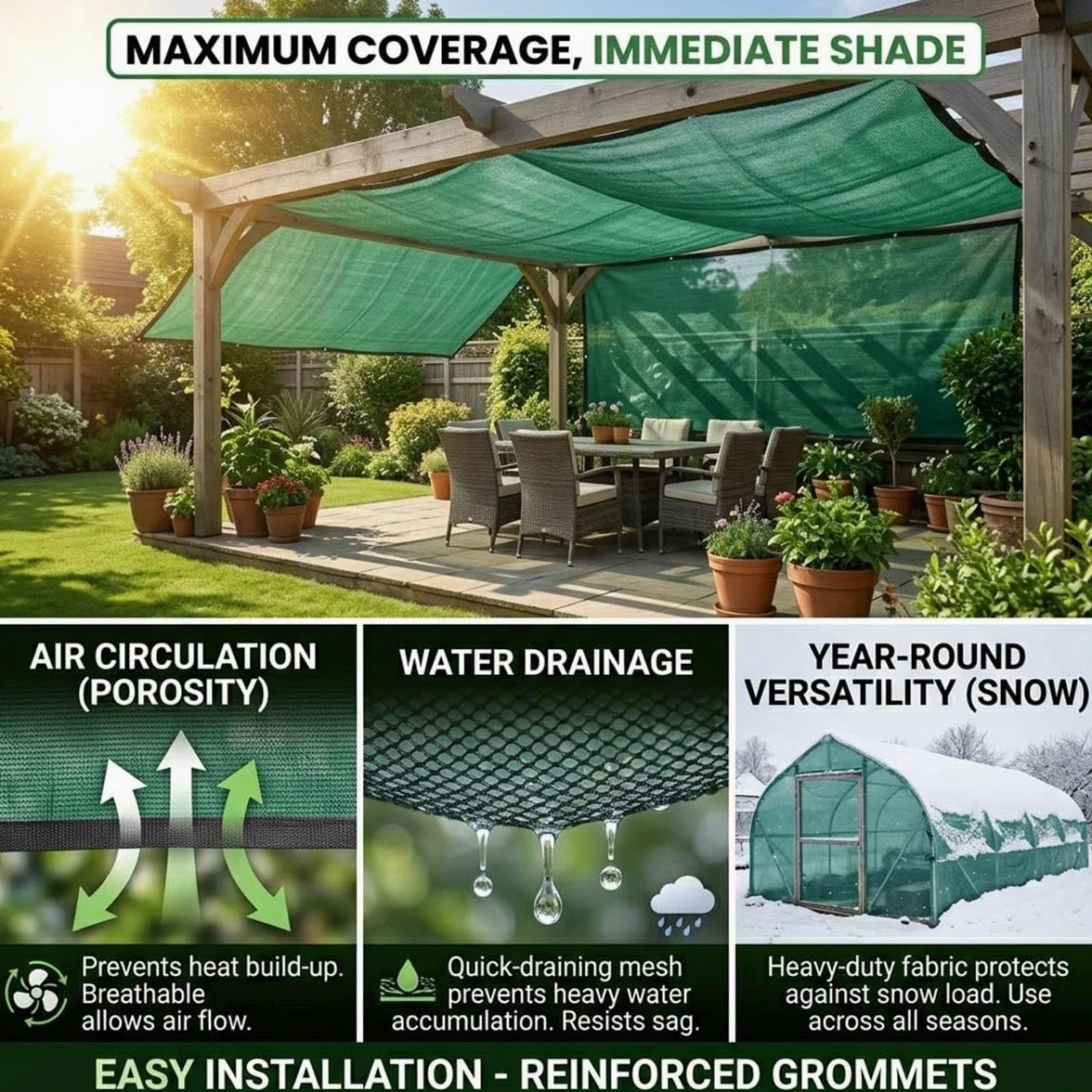 Malla de Sombreo 50% Verde Oscuro con Ojales, Red de Sombreado HDPE | Red de Sombra para Balcones, Transpirable Y Reforzada, Tela de Sombra Anti-UV para Jardín(6 x 8m (19.7 x 26.2ft))