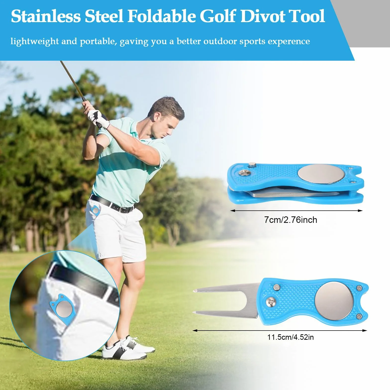 Herramienta de reparación de divot de golf plegable de metal con marcador