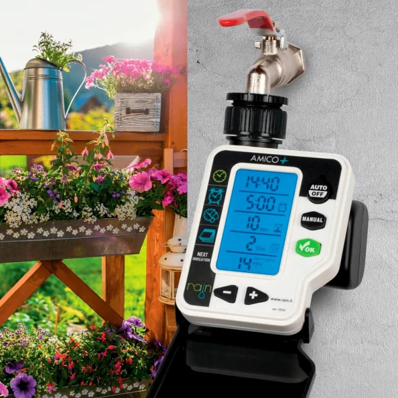 RIEGOPRO Programador de Grifo Rain Amico+. Disponible en 1 y 2 Zonas de Riego. Pantalla retroiluminada de 3" One Look Donde podrás Ver una visión inmediata de la programación. (2 Zonas)