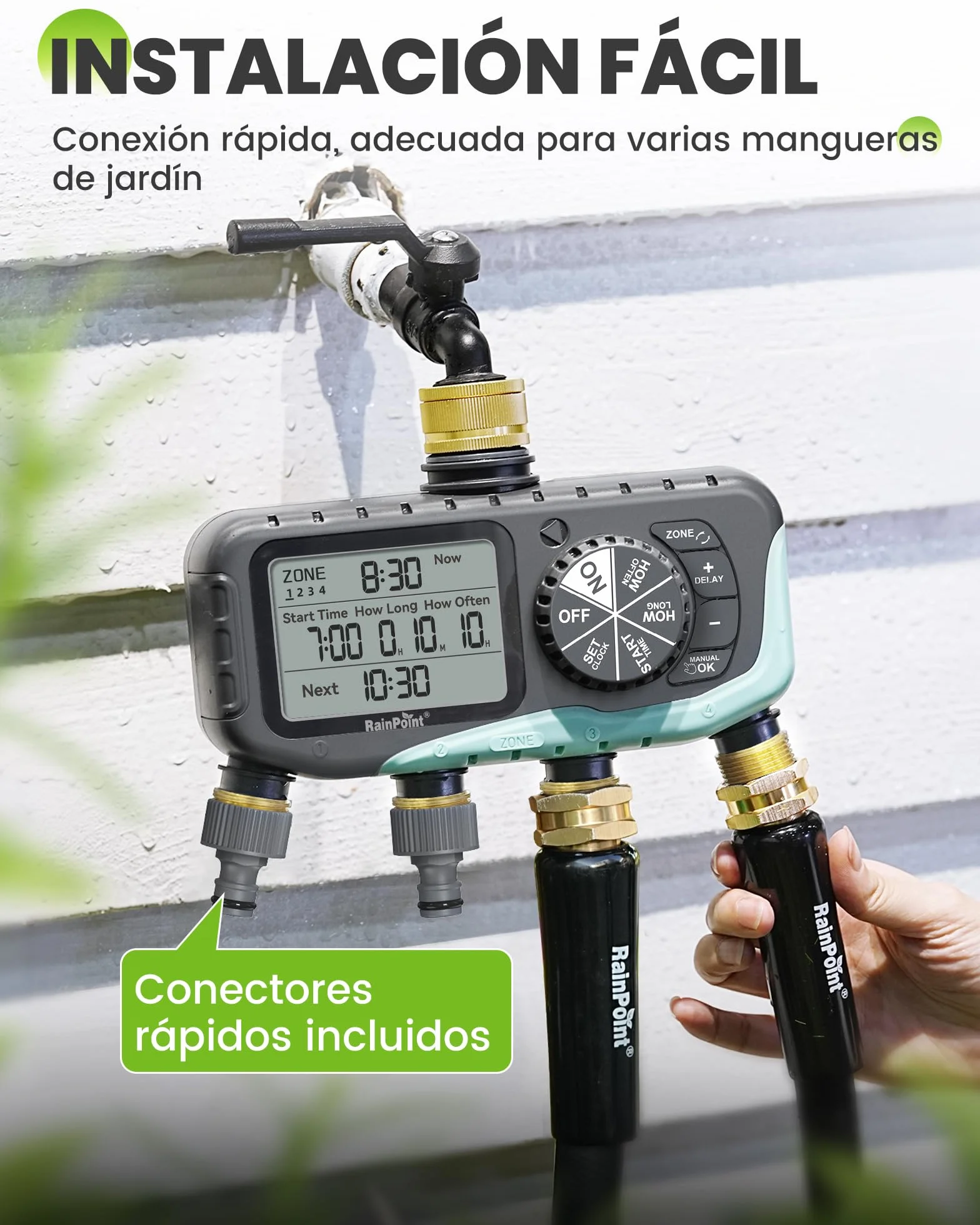 RAINPOINT Programador Riego 4 Salidas, Entrada y Salida de Latón, Impermeable IP65, Temporizador de Riego Automático con Retardo de Lluvia/Riego Manual, para Invernadero, Césped y Jardín