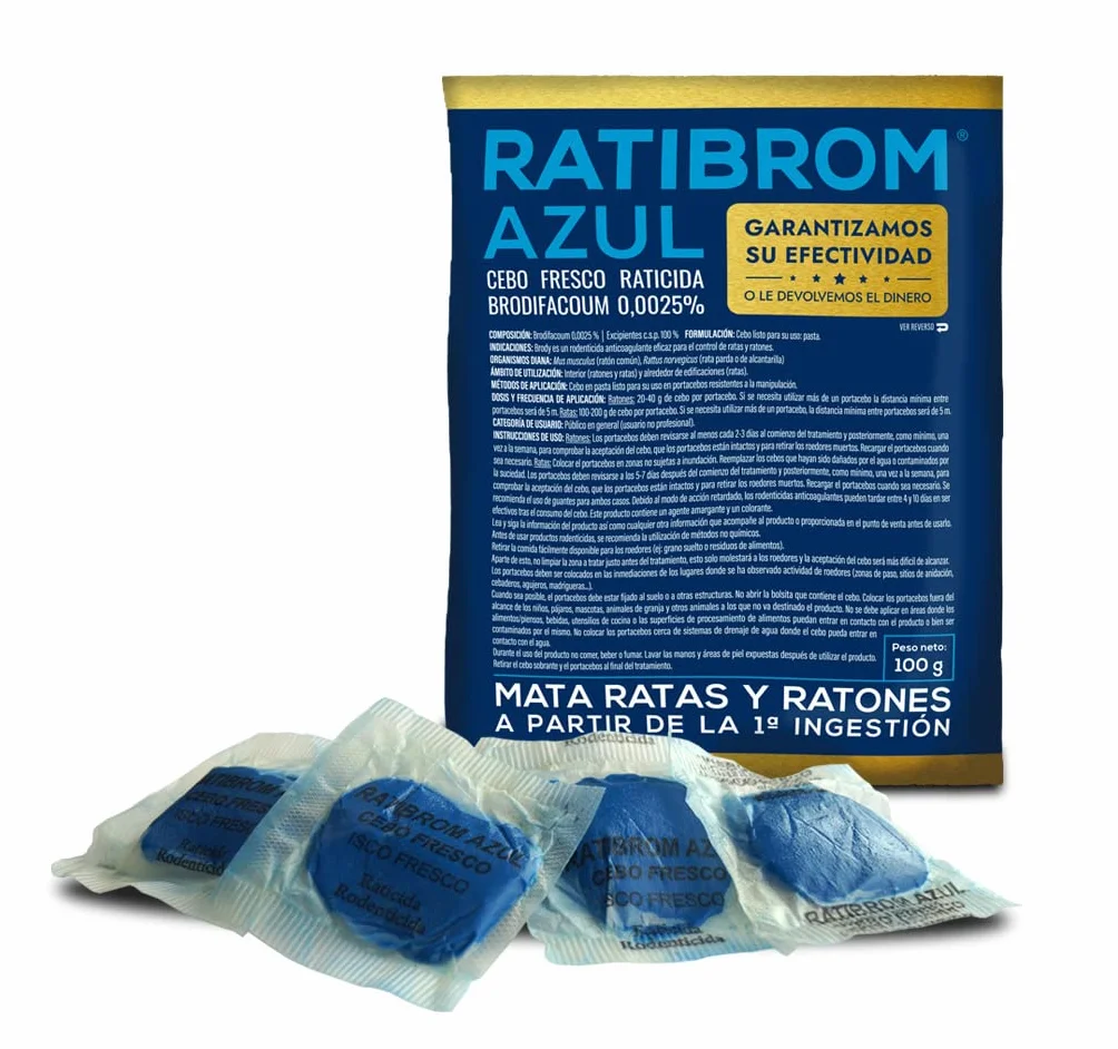 Ratibrom Azul Cebo Fresco 900gr 6 BOLSAS DE 150GR - Impex. Raticida eficaz contra Ratas y Ratones. Listo para Usar. Eficaz con Solo una Ingesta.