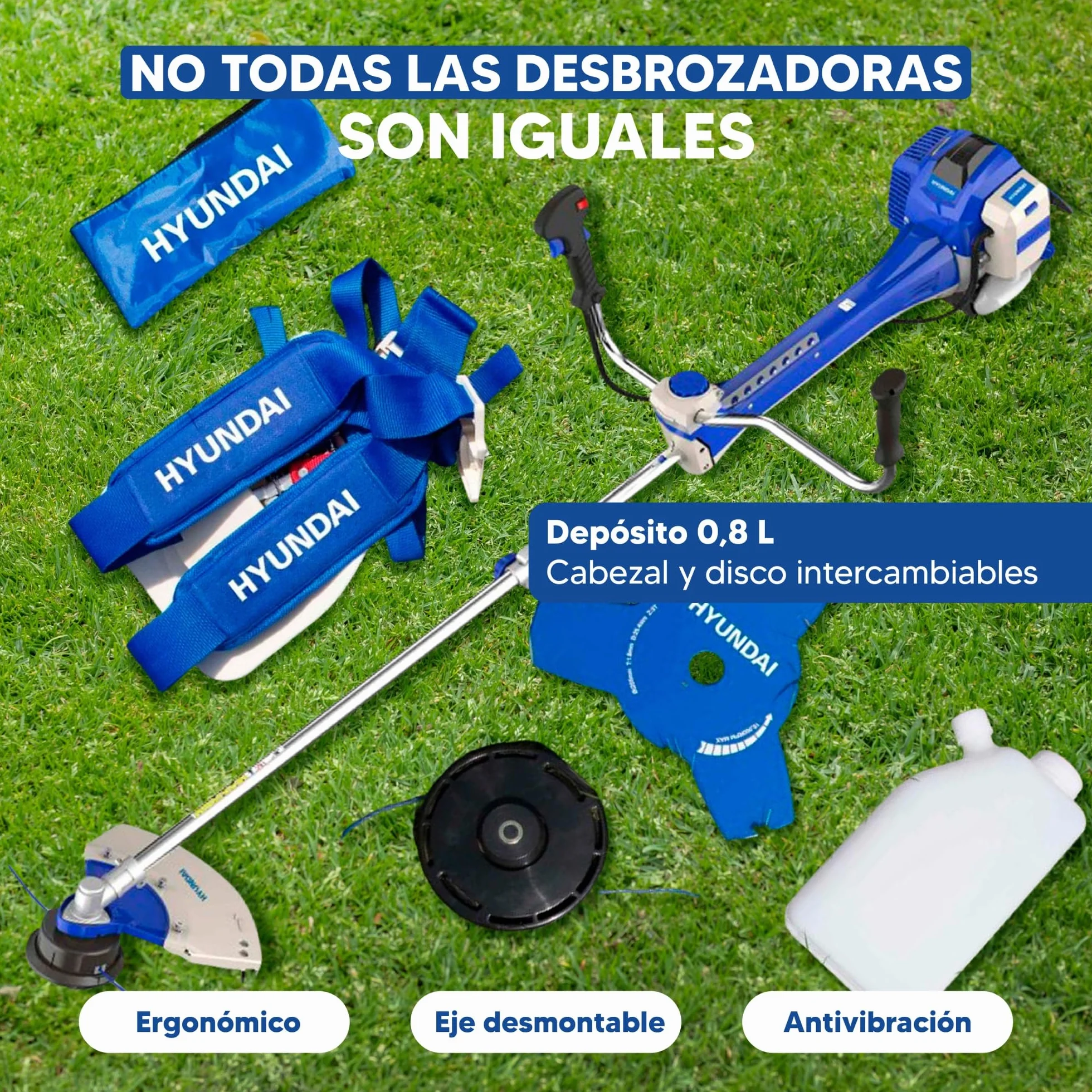 Hyundai Desbrozadora Gasolina Profesional Alta Potencia para Césped Denso - Cortacésped a Gasolina con Sistema Antivibración para Mayor Comodidad - Desbrozadora 2 Tiempos para Jardinería Eficiente