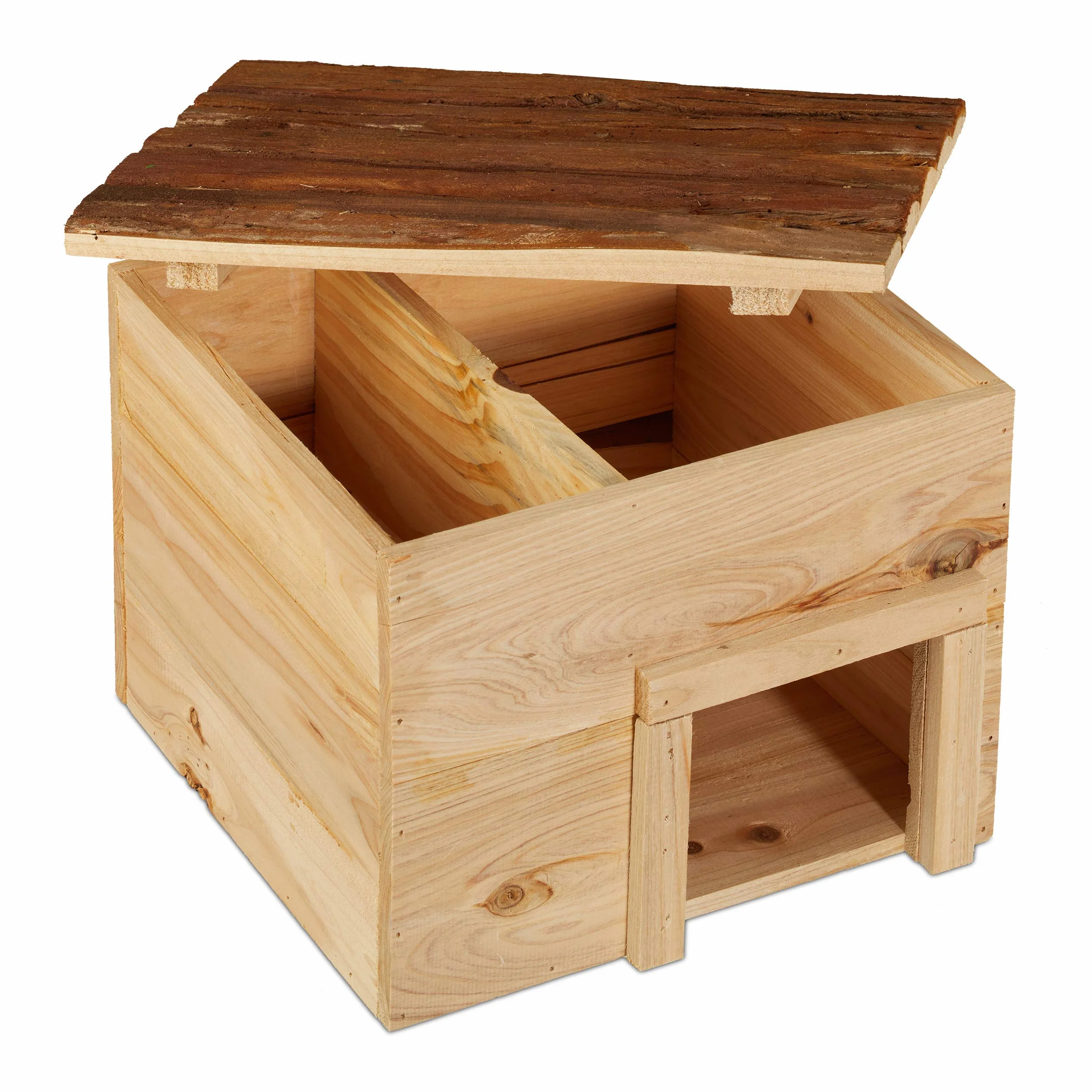 Relaxdays Casa Erizo, Cueva Animales Pequeños, de Madera, con Suelo, Refugio Hibernación Jardín, 22,5x32x27 cm, Natural