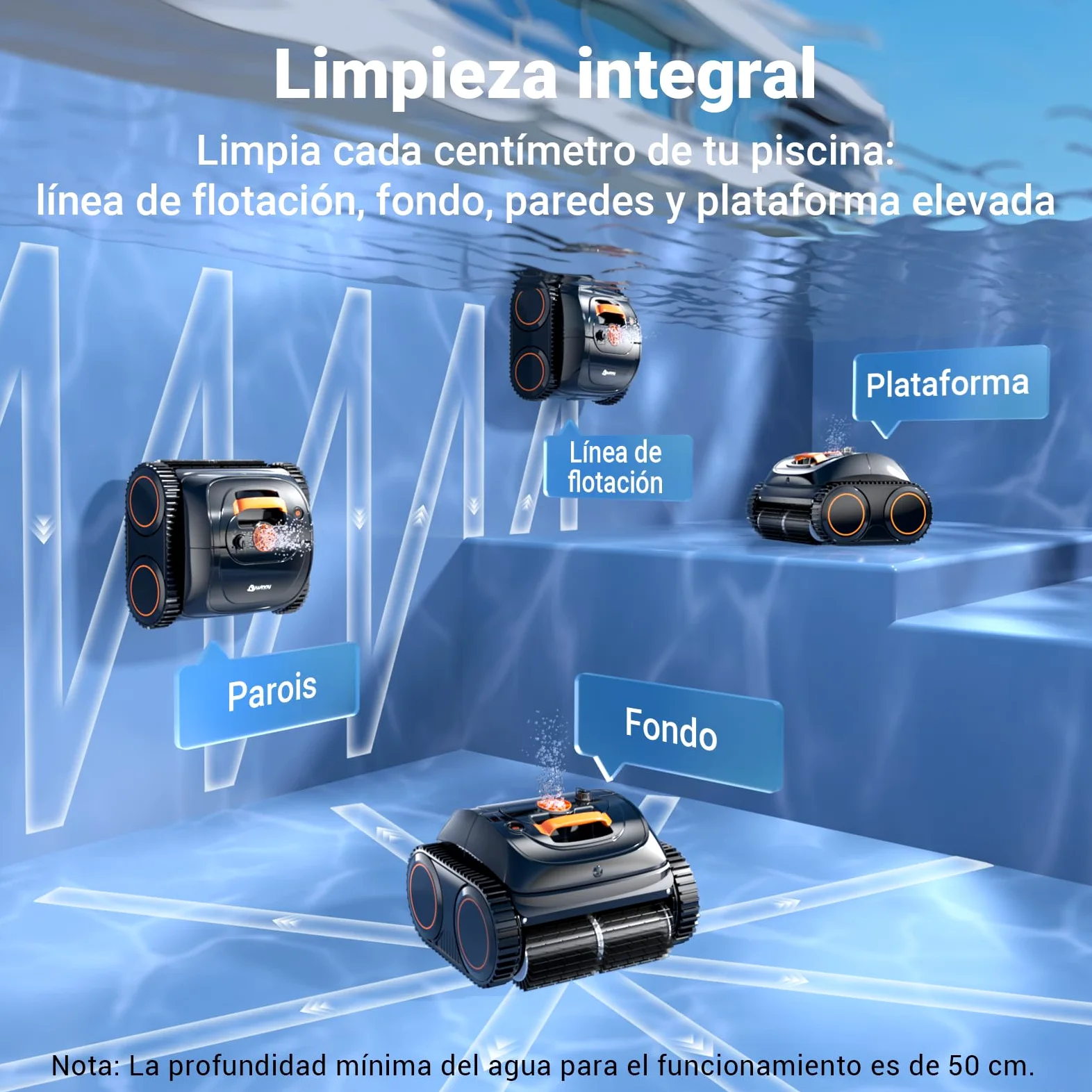 WINNY POOL CLEANER Winny C1 Robot Piscina y Limpiafondos Piscina-Sin Cables, 150 min de Autonomía, Limpia Paredes y Fondo, Navegación Inteligente, Auto-Aparcamiento, Naranja Negro