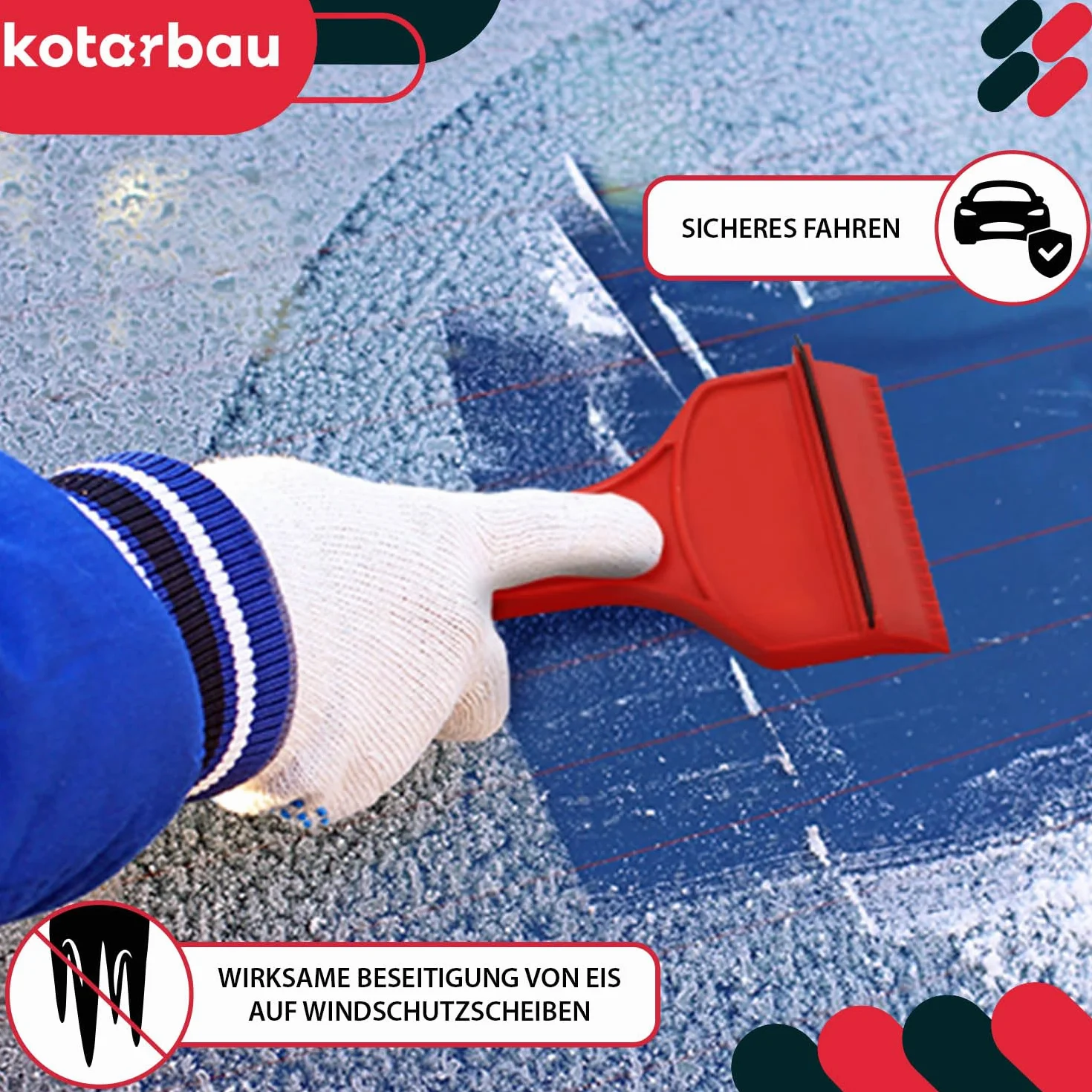 KOTARBAU® Juego de pala de nieve para coche de 40 cm con mango de madera de 131 cm + raspador de hielo para coche, para quitar la nieve, rascador de parabrisas de coche, con borde de goma