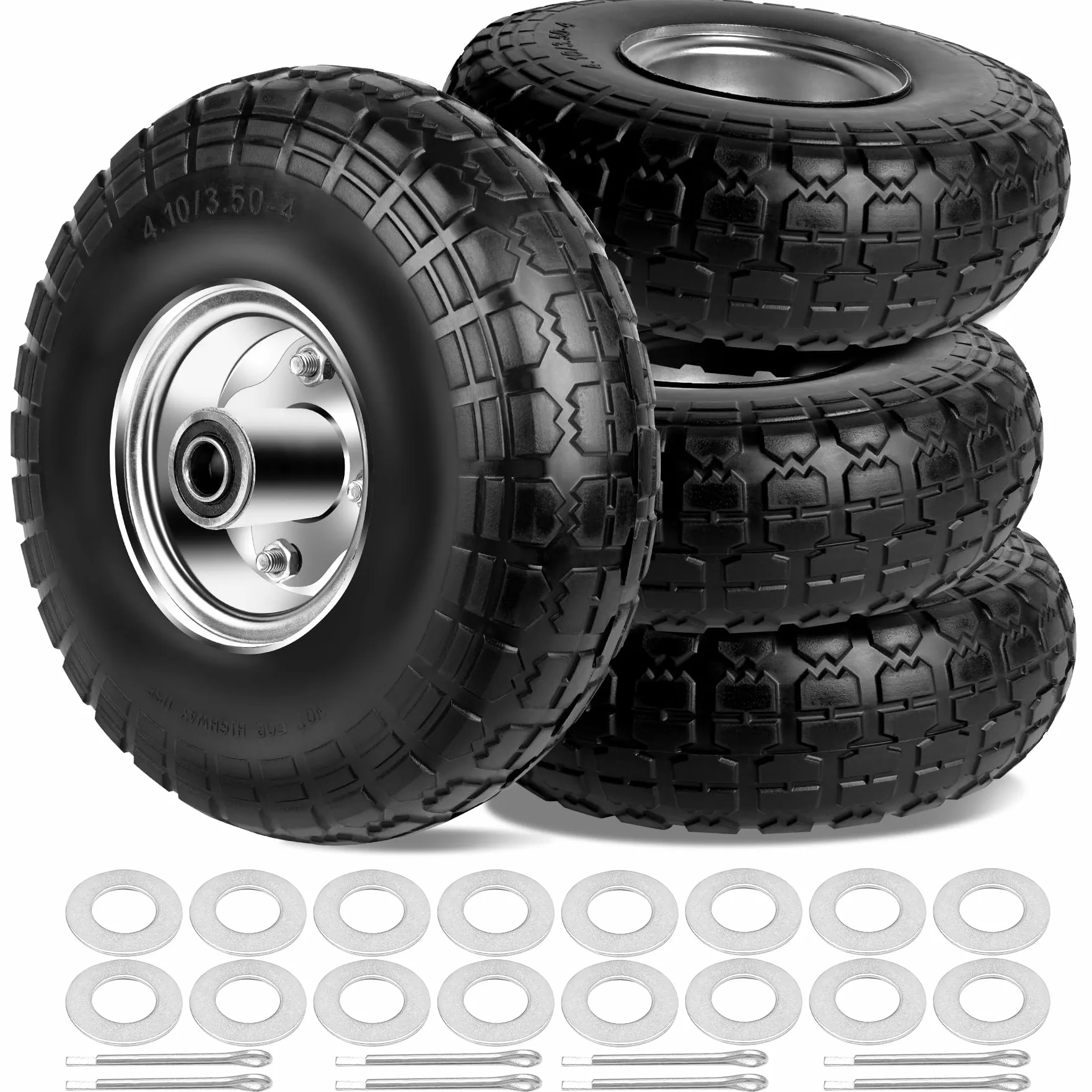 Neumáticos y ruedas 4.10/3.50-4 sin planos, neumáticos sólidos de 10 pulgadas de repuesto con agujero universal de eje de 5/8 pulgadas, para carro Gorilla, carro de jardín, carretilla, carretilla de