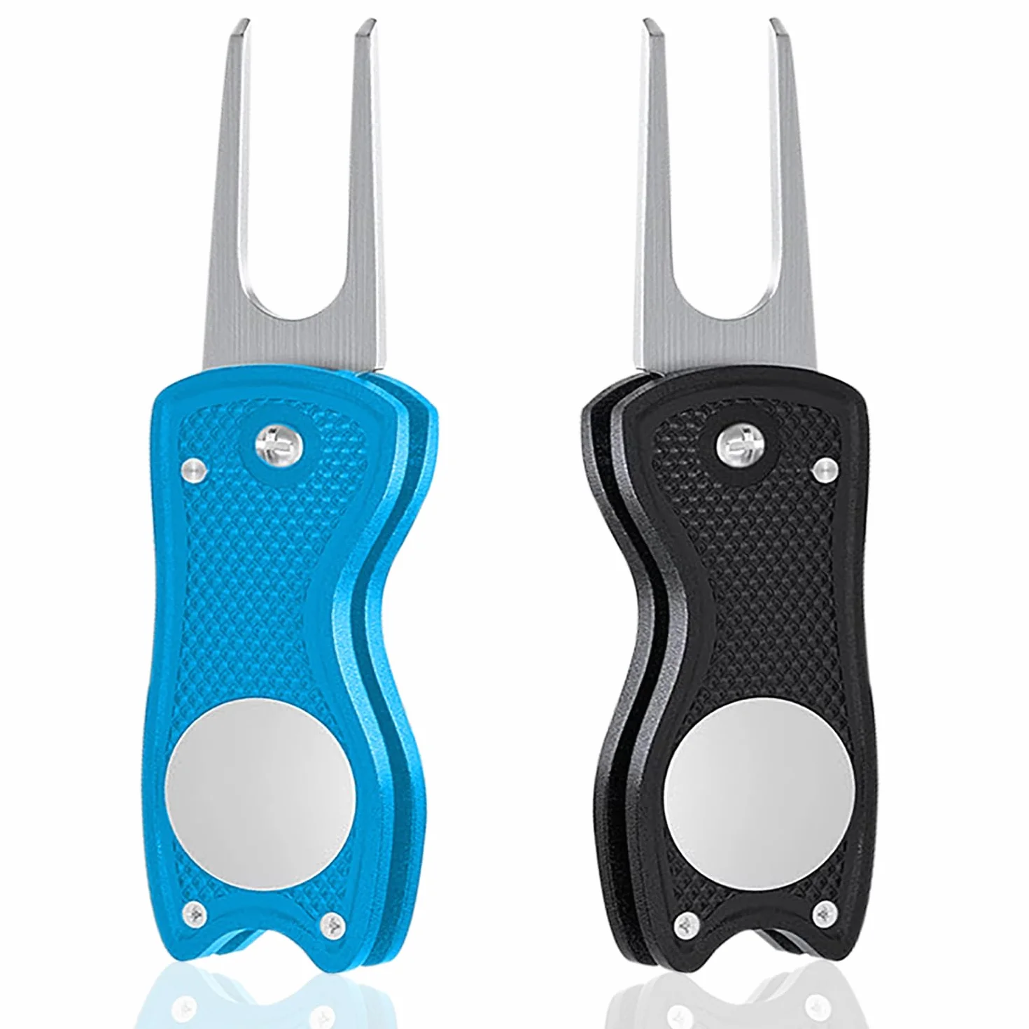 Divot Golf Herramienta Reparación 2 Piezas Plegable Metal Mini Forquilla Verde Metálica Marca Bolas Magnética
