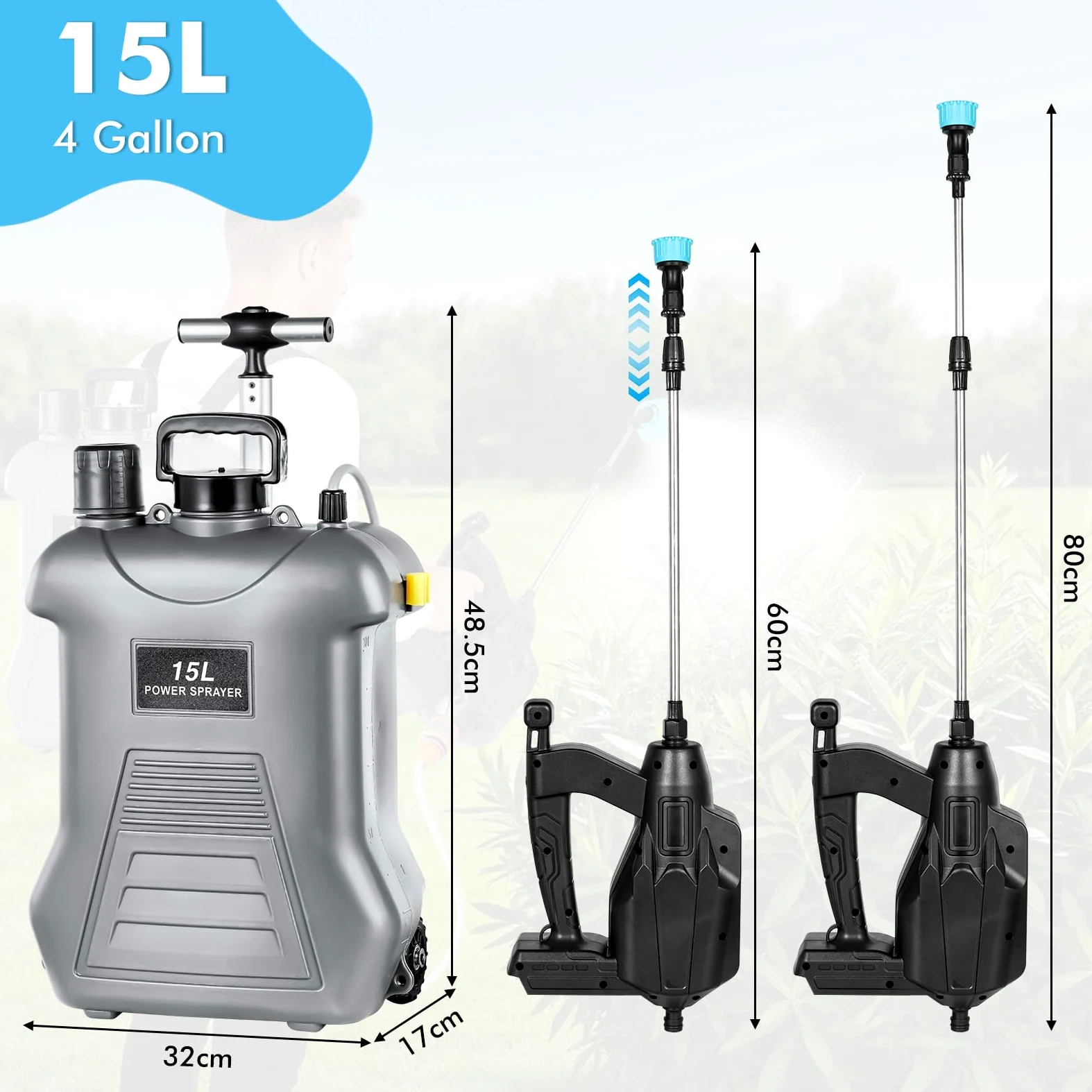 Pulverizador Eléctrico a Batería 15L con Carretilla, Mochila Sulfatadora de Jardín Compatible con 18V, Pulverizador de Presión con 3 Velocidades, Lanza Telescópica para Fumigación y Riego