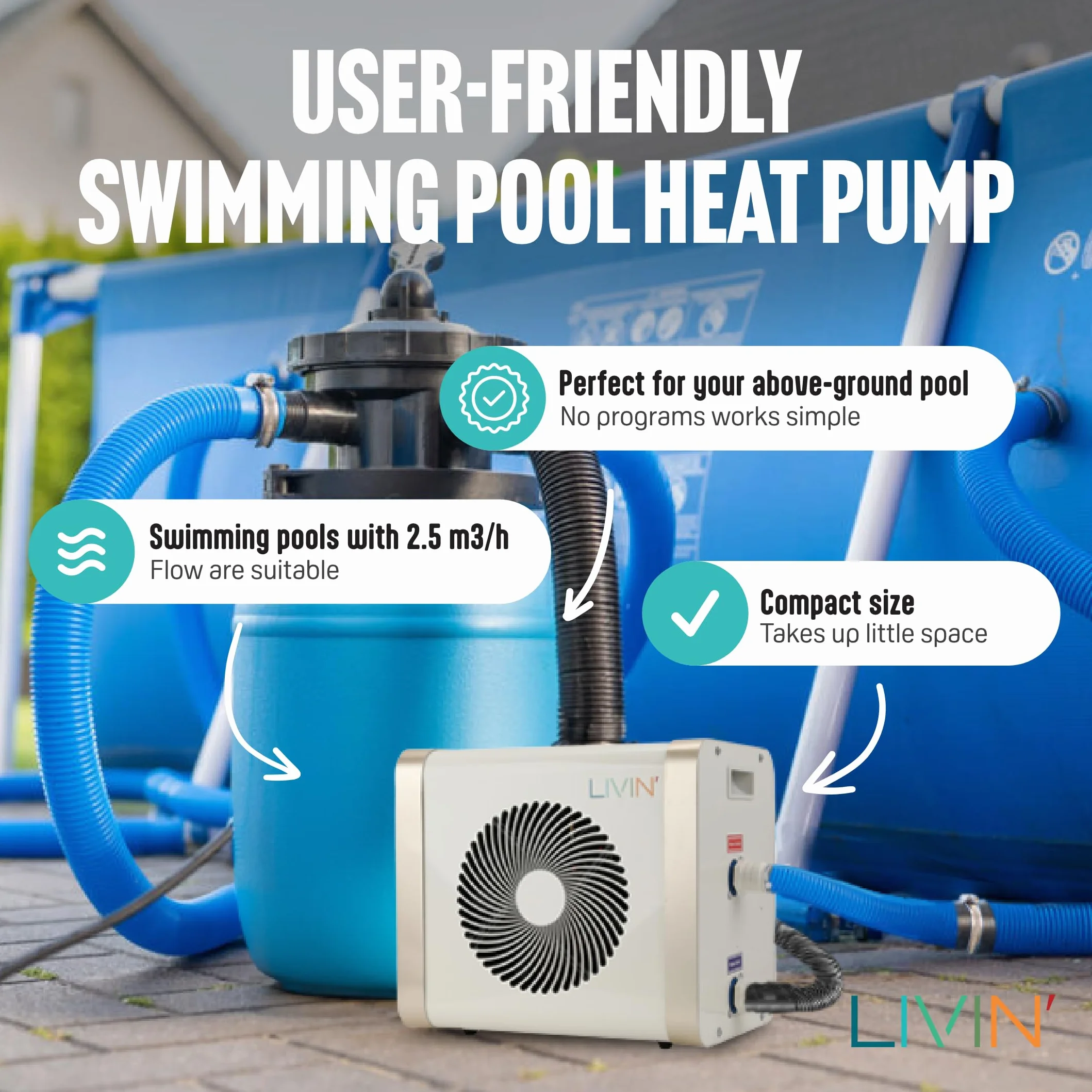LIVIN' Minibomba de calor para piscina de 5 kW, accesorios para piscina con 32/38 mm de diámetro, para calentar piscinas grandes con 20.000 L de capacidad, indicador LED, corriente de 230 V,