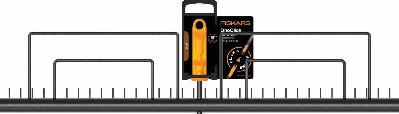 Fiskars OneClick Rastrillo para Césped | Cambio sin esfuerzo con un solo clic, acero al carbono, negro/naranja, 1080680