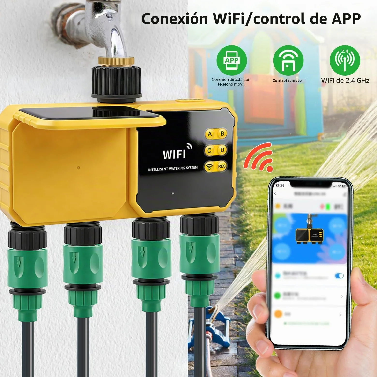 Temporizador Riego Solar, 4 Zonas WiFi Controlador Válvula Agua Solar Inteligente Control Aplicación Sensor Lluvia Temporizador Agua para Patio Exterior Jardín Playas Patio
