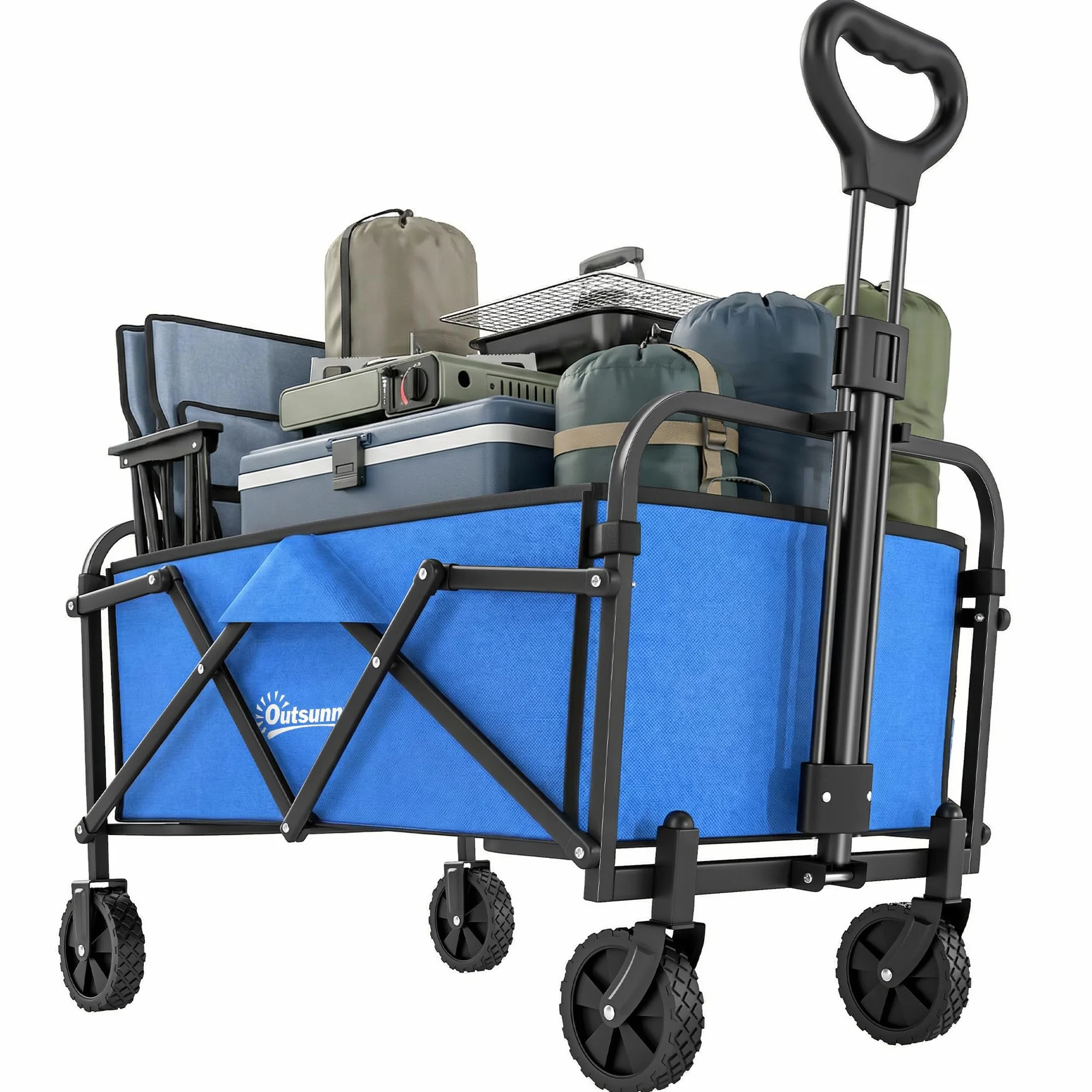 Outsunny Carro Playa con Ruedas, Carro de Jardín Plegable con Mango Ajustable, Marco de Metal, Carga 68 kg, Carrito Transporte para Todo Terreno, Jardín, Campaña, Compra, Azul