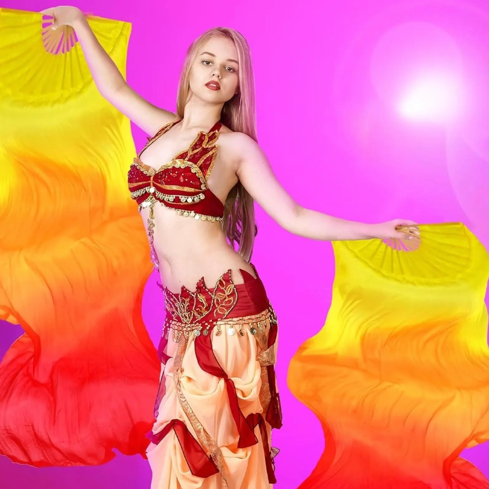 Ventilador de bambú de seda para danza del vientre 1,5 Metros Hecho a Mano (Rojo)