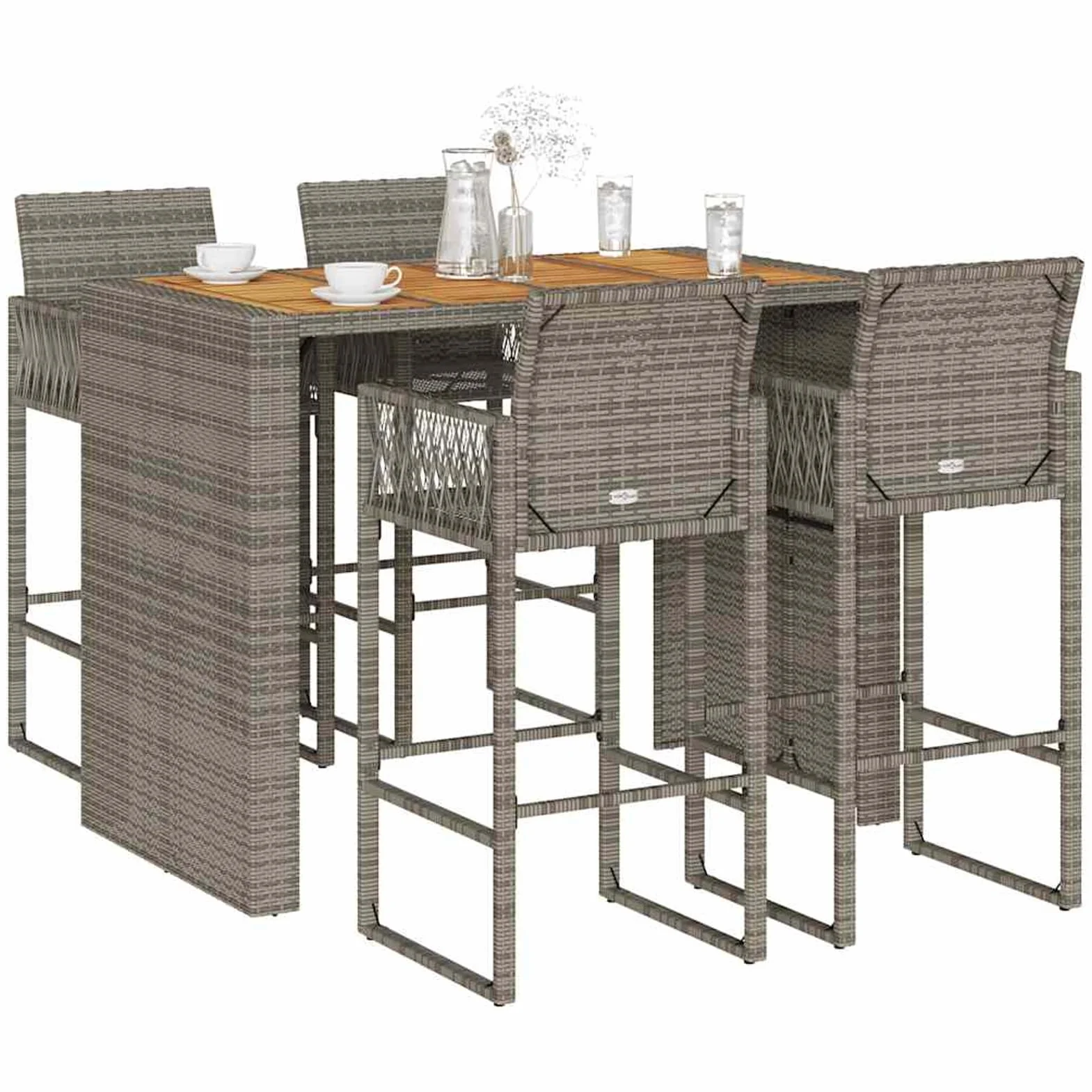 Homgoday Set Bar jardín sin Cojines 5 pzas ratán sintético Acacia Gris Barra Jardin Barra Bar Exterior mesas Altas y taburetes Dimensiones 145 cm