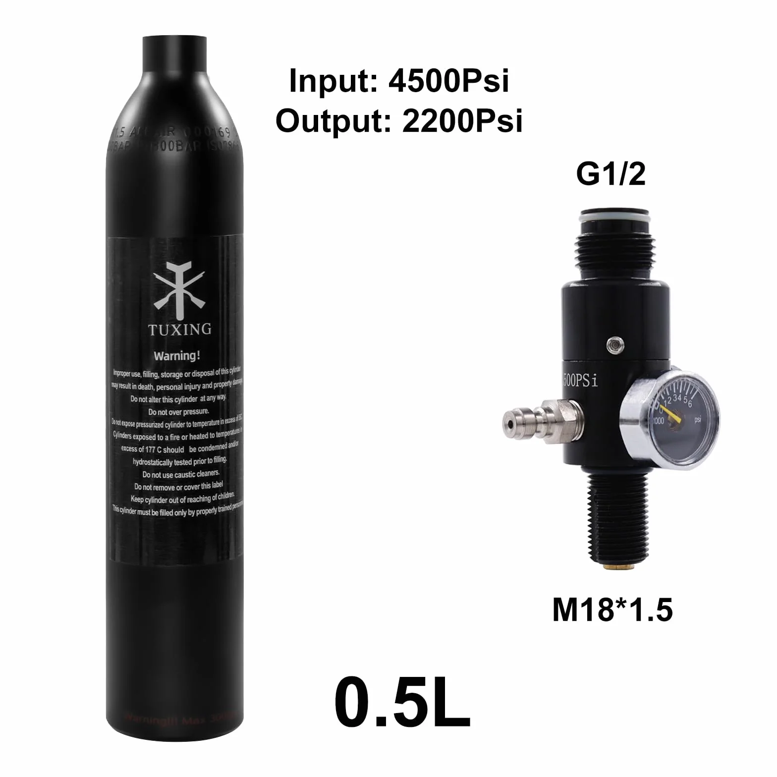 TUXING Depósito de paintball PCP 4500 psi 0.5 L CE Botella de aluminio con regulador, válvula, manómetro, presión de salida 2200 psi M18x1.5