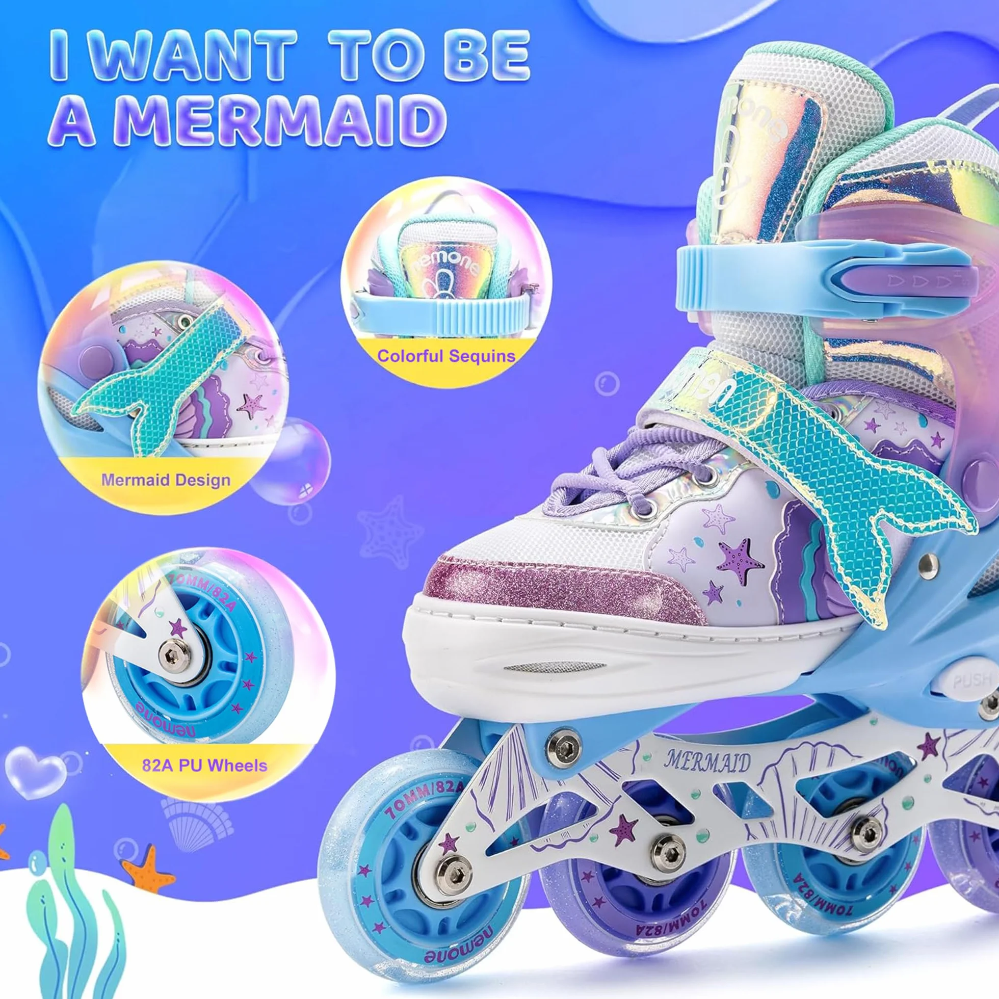 NEMONE Sirenita Patines en línea Niñas Ajustable 4 Ruedas para Niño Principiantes