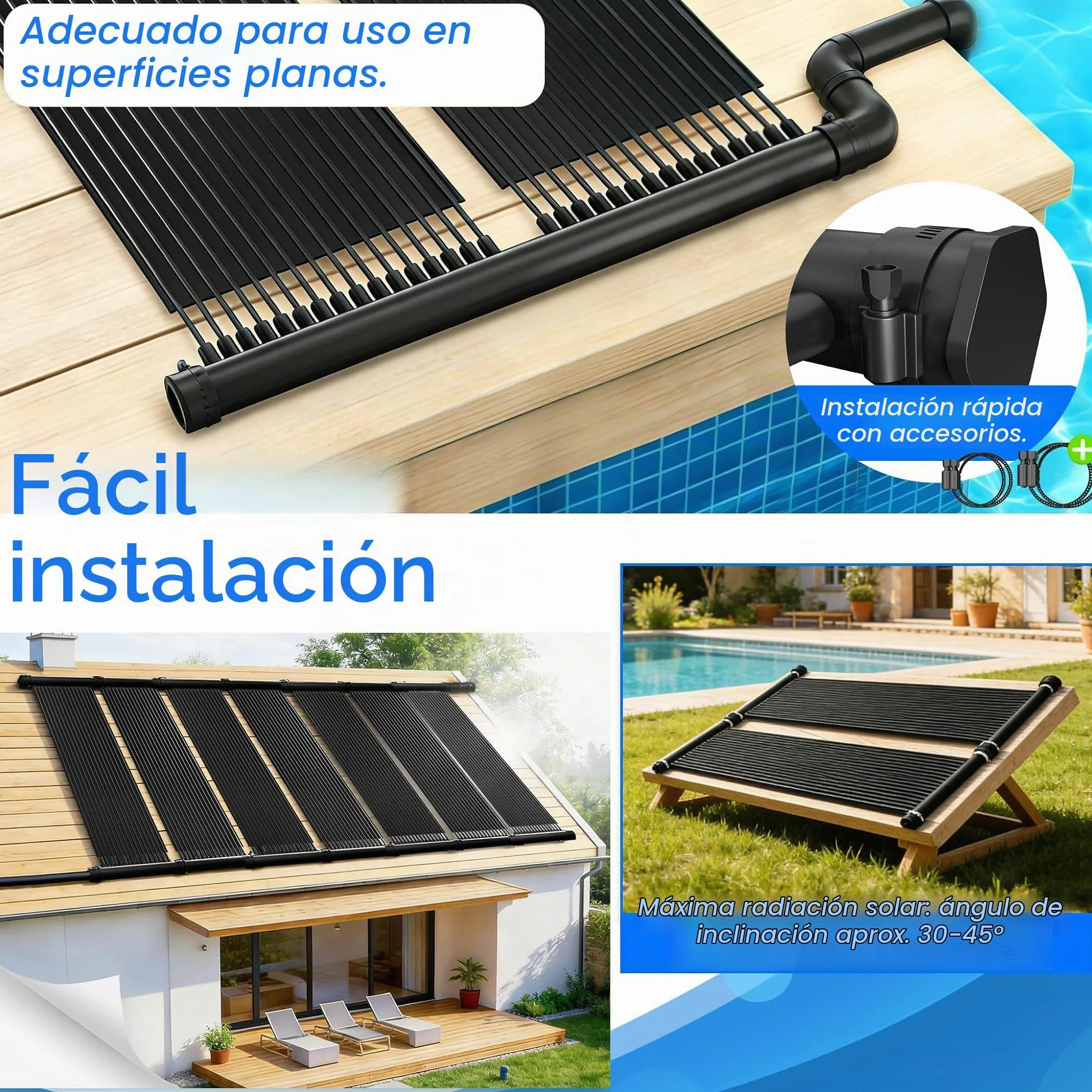 ACXIN Colector solar para piscina, calefacción solar de 600 cm x 70 cm, calentador de piscina solar para piscina, esterilla solar, bomba de calor ecológica alternativa, 32 canales, tubo EPDM, color