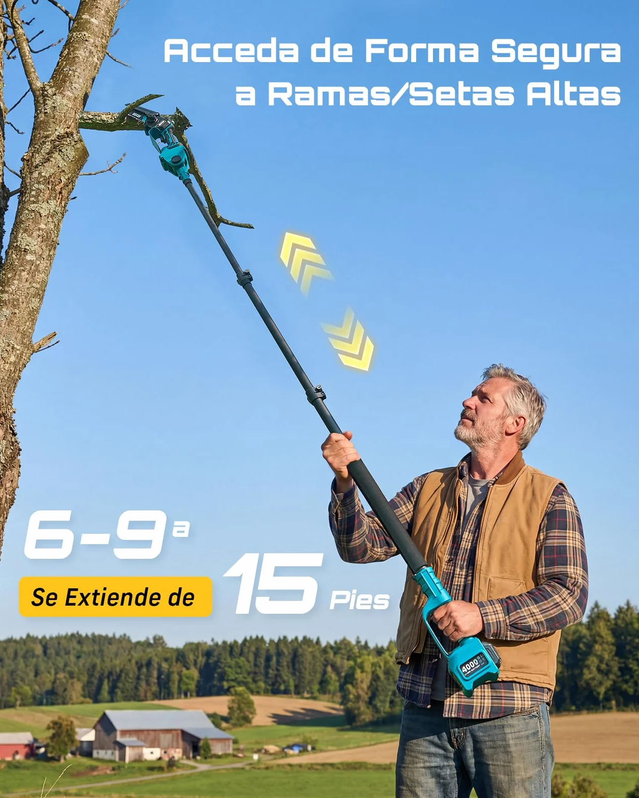 SEESII 6-en-1 Mini Motosierra y Cortasetos a Batería, con 2 * 4000mAh Baterías, Motosierra Electrica con Pértiga Telescópica, Alcance Máximo de hasta 4,57 m, con 30 ml Tanque de Aceite