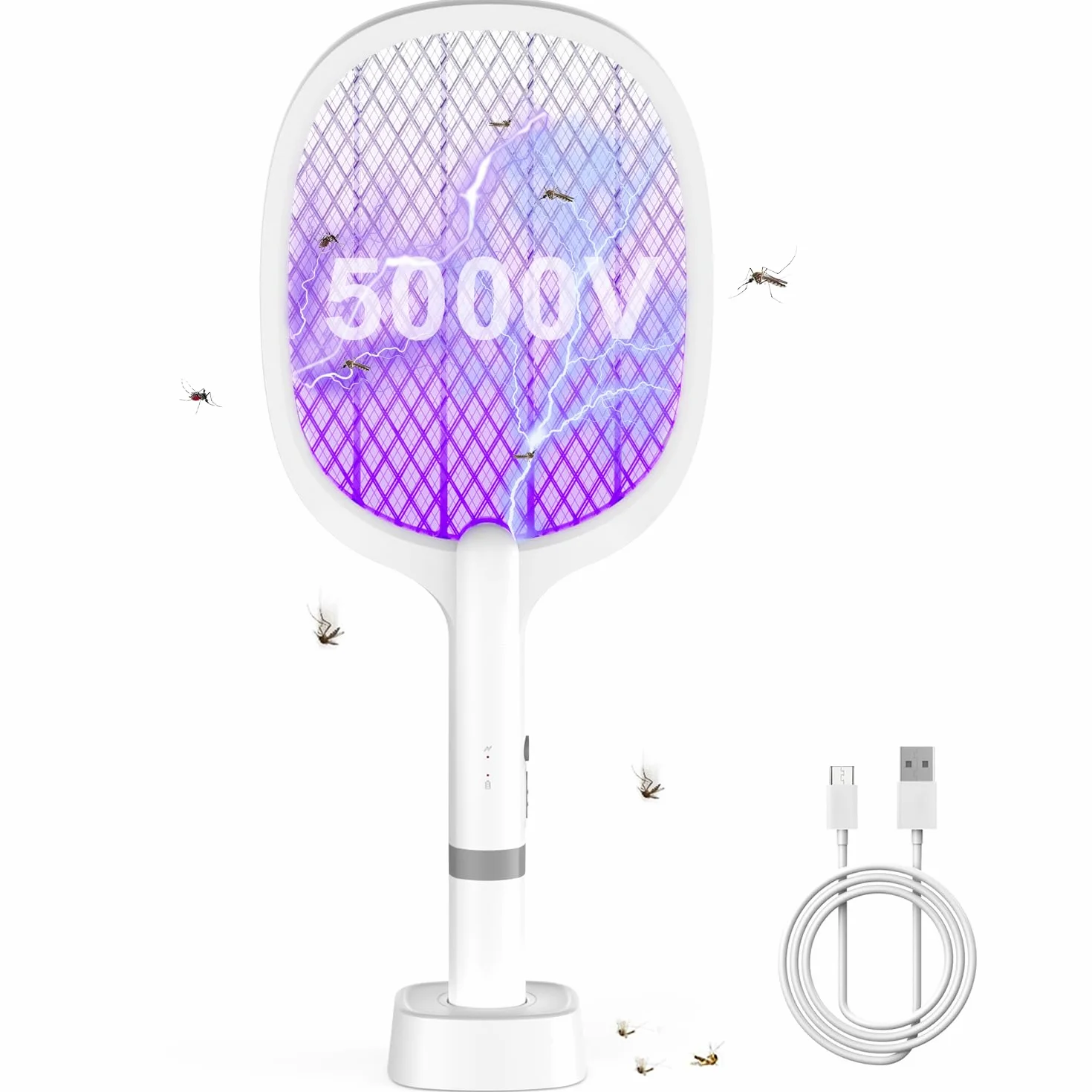 5000V Raqueta Matamoscas Eléctrica, 2 en 1 1800mAh Mata Mosquitos Electrico USB Recargable, Raqueta eléctrica con Luz Ultravioleta para Matar Mosquitos