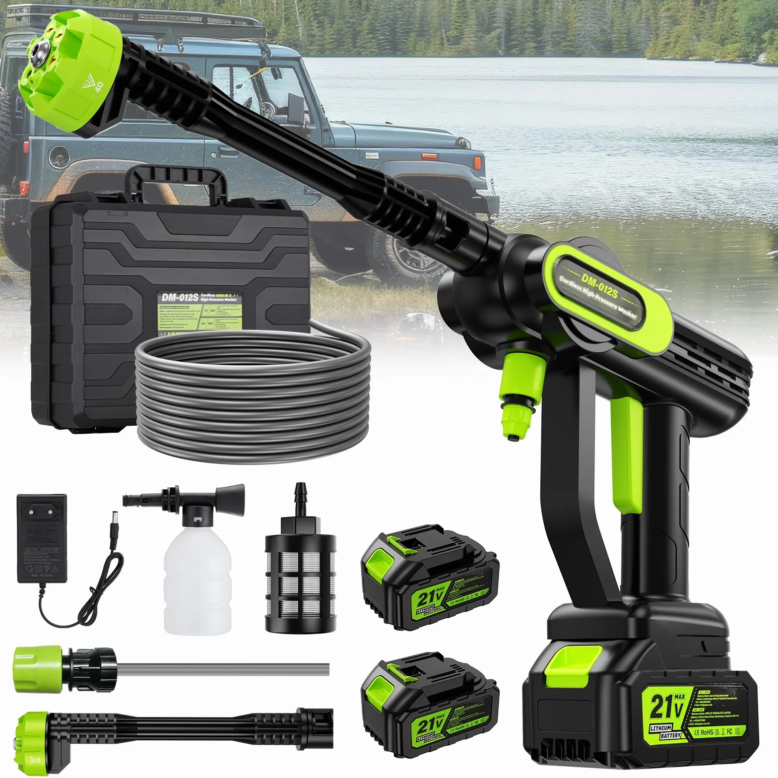 Hidrolimpiadora a Bateria de Alta Presión con Boquilla 6 en 1, 2 Baterías 4000mAh, 14 mm Salida de Agua 100 Bar, 5M Tubo y Caja de Almacenamiento para Limpiar Coche, Terraza, Jardín Limpieza y Riego
