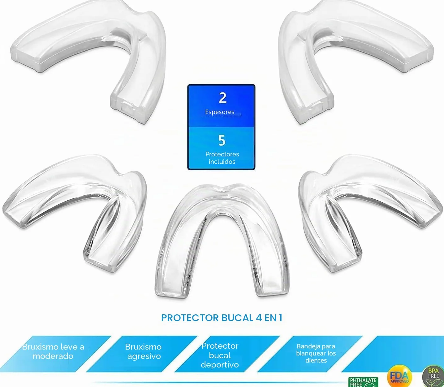 Protectores de boca moldeables para bruxismo, paquete de 5, 3 regulares y 2 resistentes