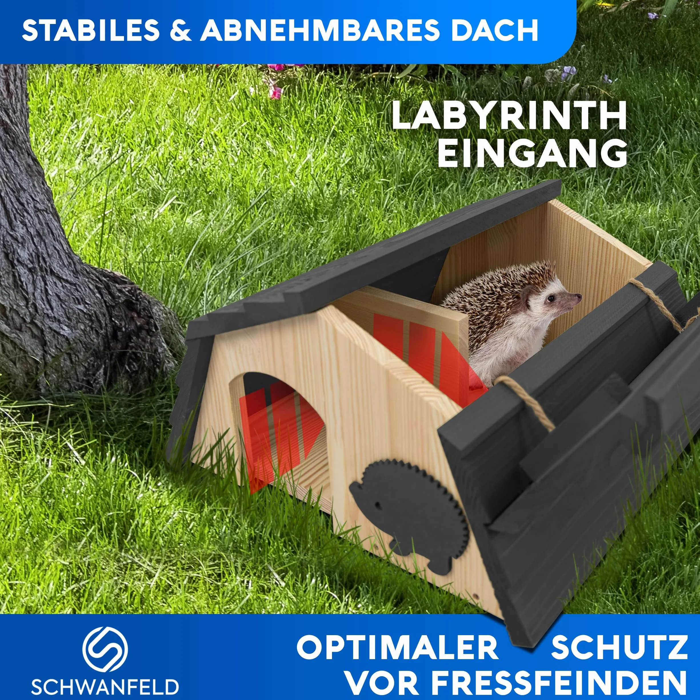 SCHWANFELD® Casa para erizos de invierno con suelo [protege contra los enemigos] – Incluye entrada de laberinto – Comedero premium para erizos con entrada de laberinto, casa de erizo de alta calidad –