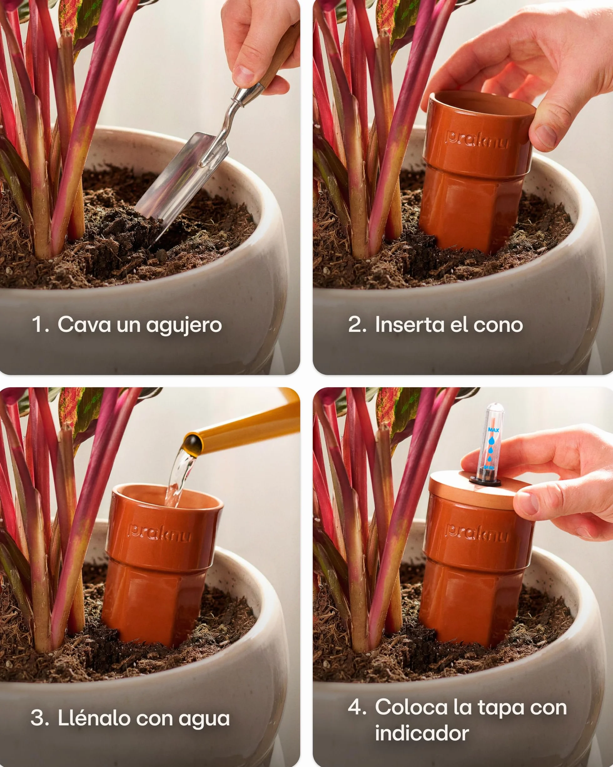 Praknu 3 x Conos de Riego de Terracota con Tapa e Indicador de Nivel de Agua – Hasta 10 Días de Riego Automático – Fácil Limpieza – Dispensador de Agua para Vacaciones