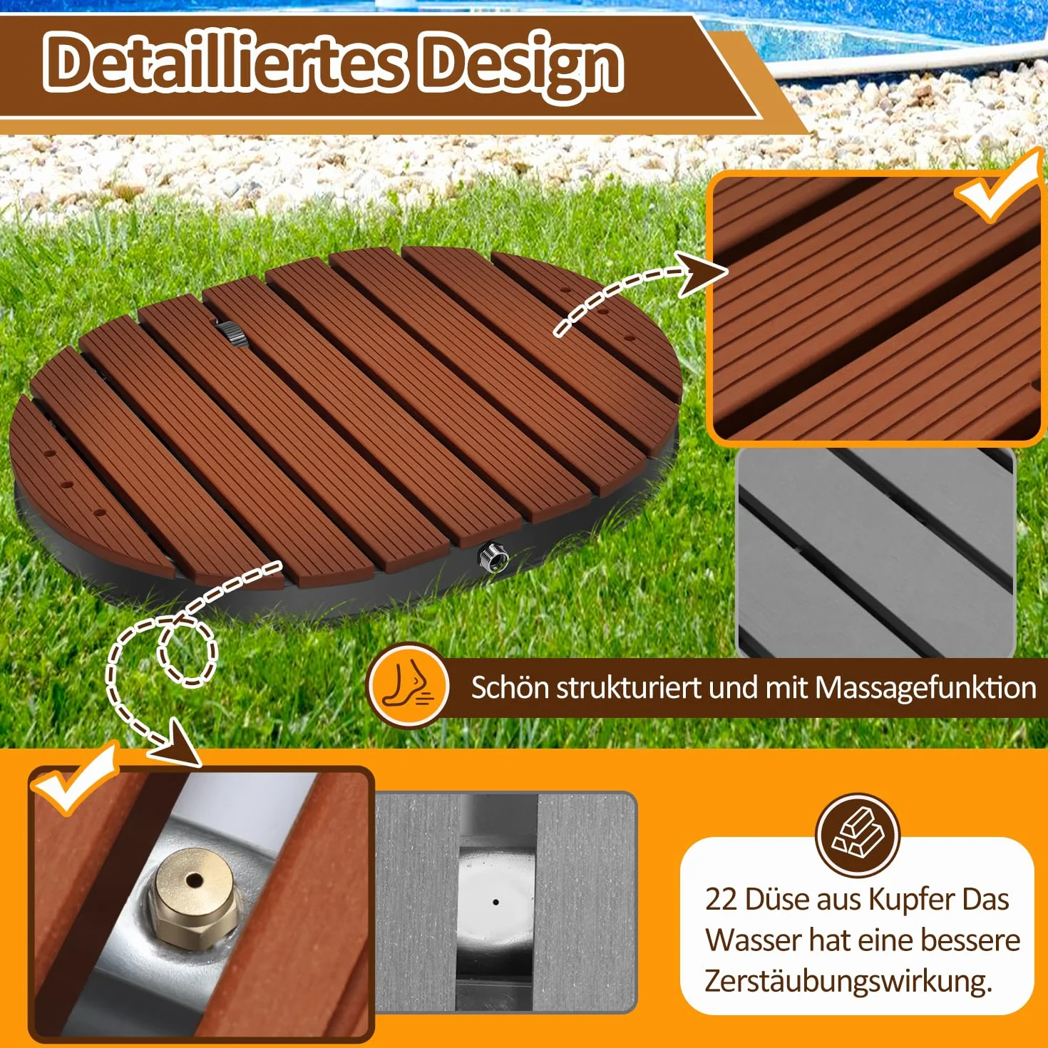 Ducha de suelo de jardín con rueda de pie y boquillas de cobre, ducha de piscina de hasta 4 m de altura de fuente, ducha exterior de aluminio, antideslizante, resistente a la intemperie