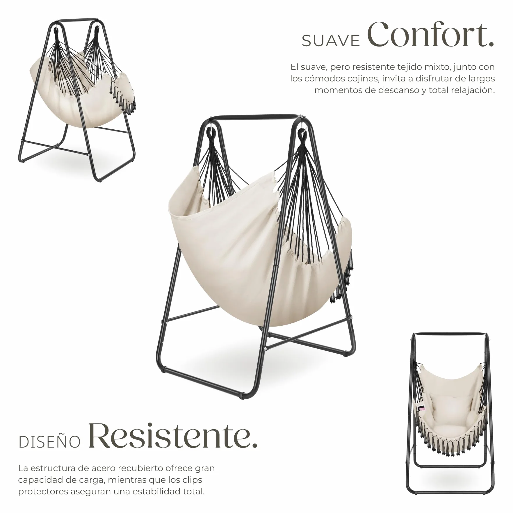 Silla Colgante Boho, Estructura De Acero, Borlas Decorativas, Cojines Gruesos, Bolsillo Lateral, Interior Y Exterior, Hamaca Sillón Colgante para Jardín, Terraza, Salón, Dormitorio