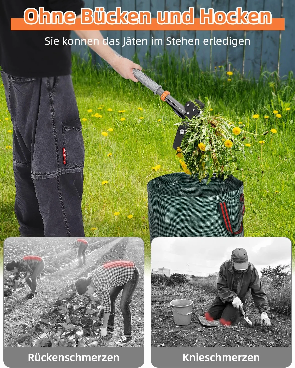 HAUSPROFI Extractor Malas Hierbas (Longitud de 91 cm a 117 cm), Bolsa de Jardinería de 50 litros, 4 Dientes de Rastrillo, Diseño de Retorno Automático, para el Mantenimiento del Césped