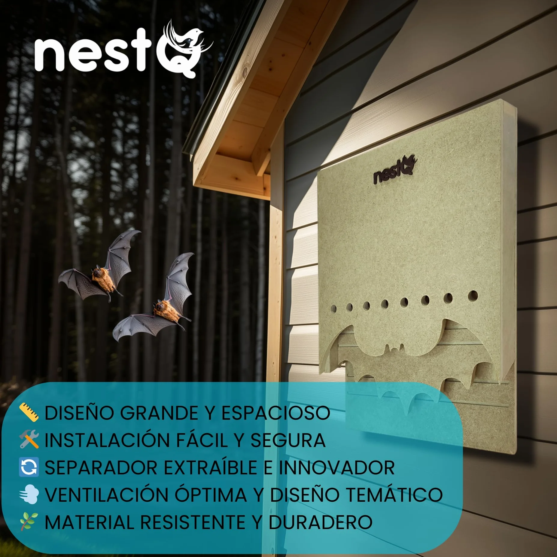 Nido De Murciélagos para Exterior - Casa Grande De Madera con 2 Cámaras - Diseño Especial para Atraer Murciélagos - Fácil Instalación con 2 Ganchos - Separador Extraíble con Orificios De Comunicación