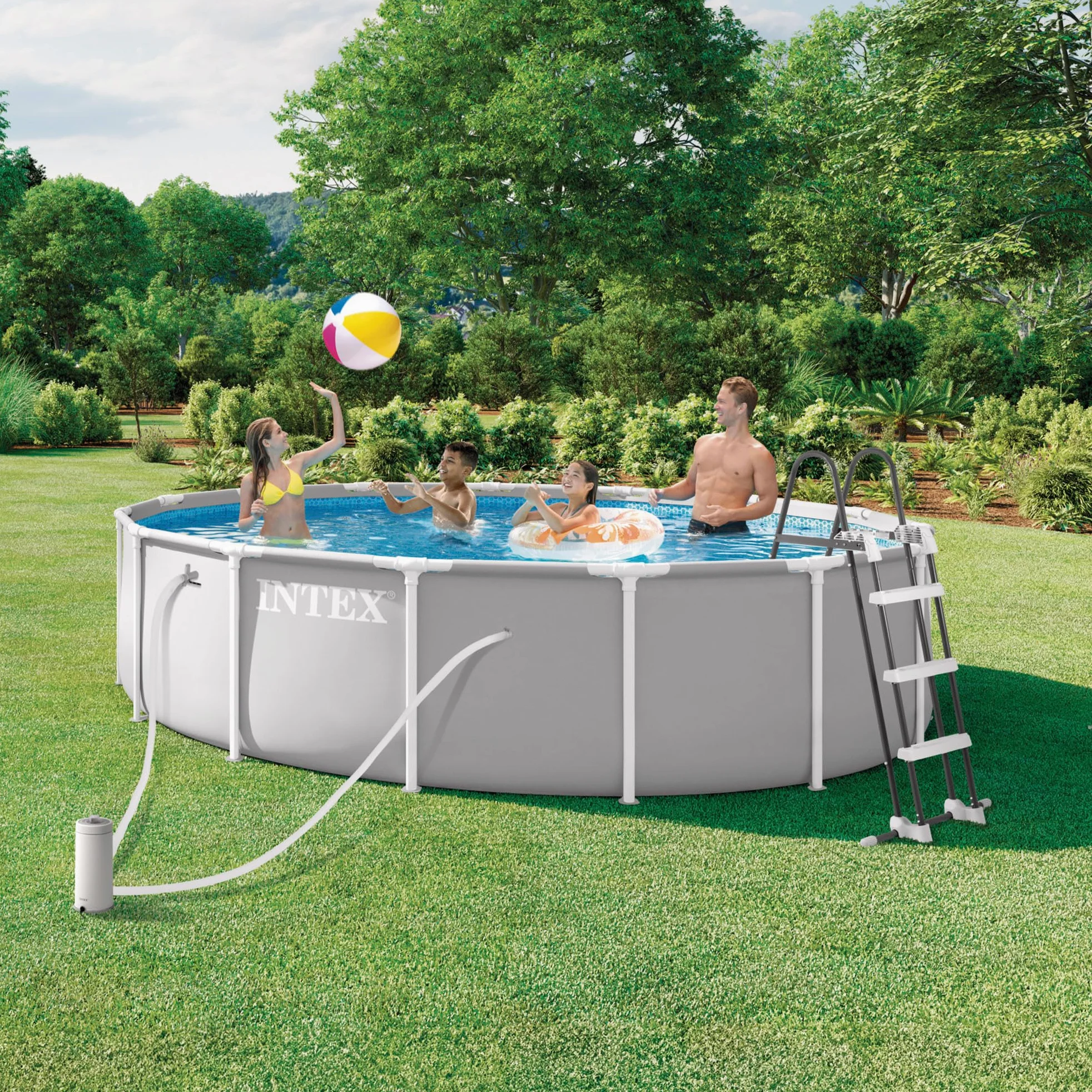 Intex - Piscina Desmontable, Gris, D457x107 cm, Capacidad para 14.614 litros, Escalera, Tapiz, Cobertor, Estructura metálica, Montaje 45 Minutos, Conexiones Ø32 mm (56084)