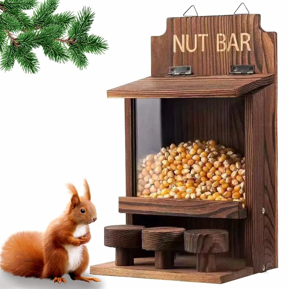 NAVESO Comedero de madera para ardillas, caja de anidación para maíz, cacahuetes, comedero de ardillas solo para ardillas, caja de casa de ardillas para jardín exterior, patio, decoración de porche