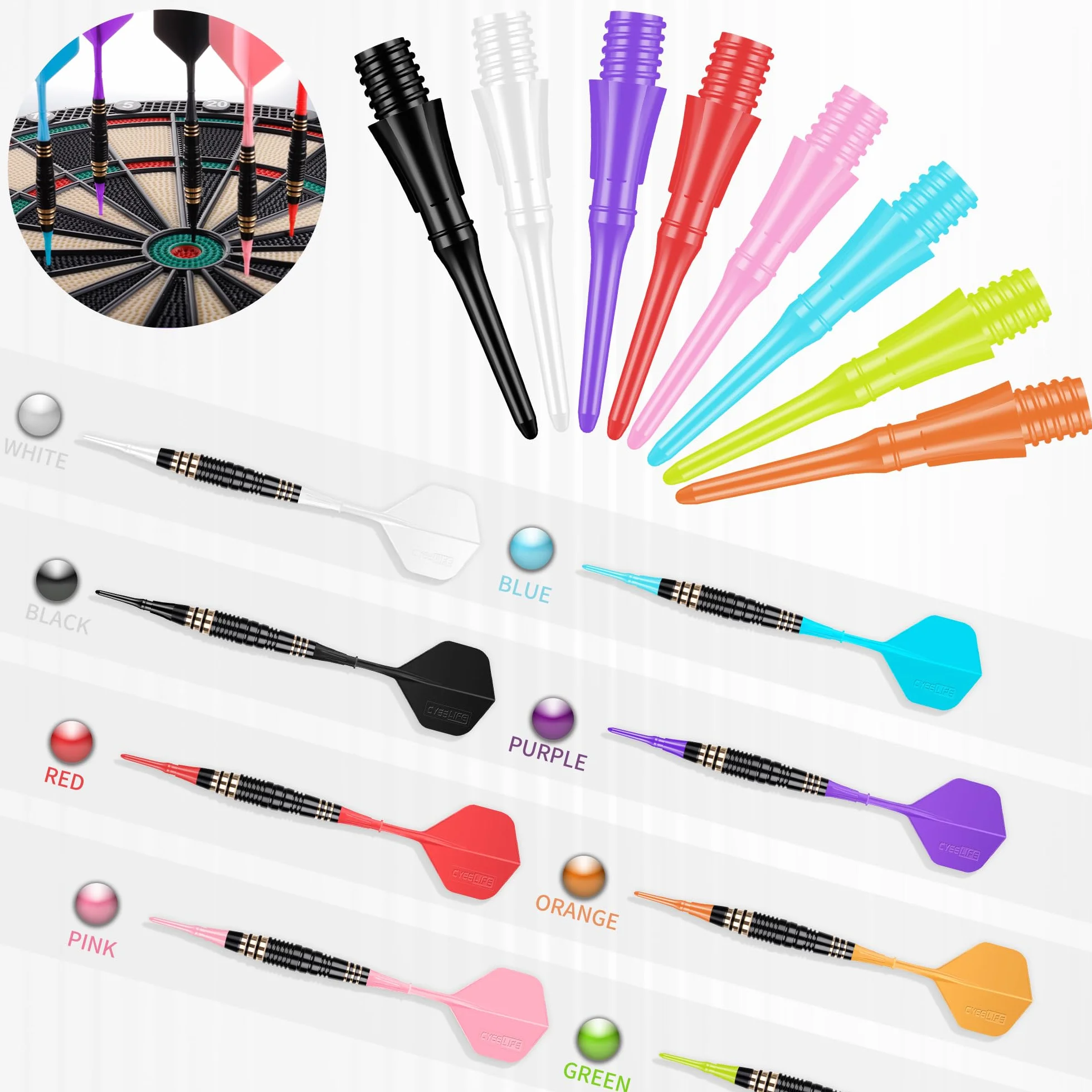 CyeeLife Punta de Dardos 100 Piezas 2BA Hilo Soft Tips Plástico 8 Colores