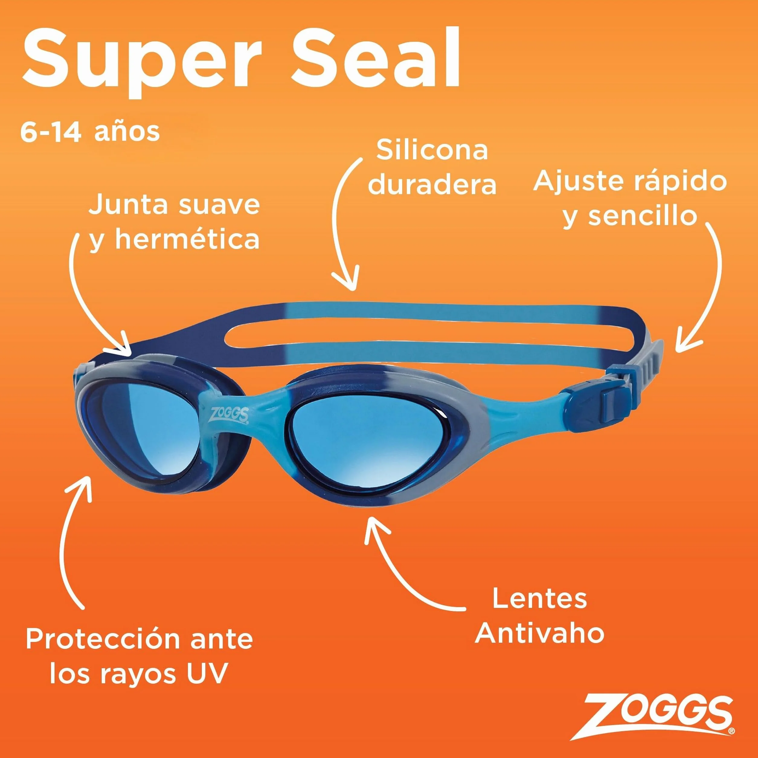 Zoggs Super Seal Gafas de Natación para Niños Antivaho Protección UV Ajuste Rápido Correa Doble Banda