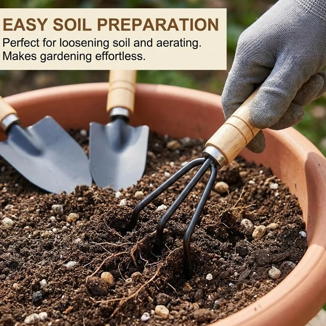 3 Piezas Mini Set de Herramientas de Jardinería, Kit de Herramientas con Mango de Madera, Mini Pala, Rastrillo y Azada para Bonsáis, Plantas, Macetas y Suelo Suelto