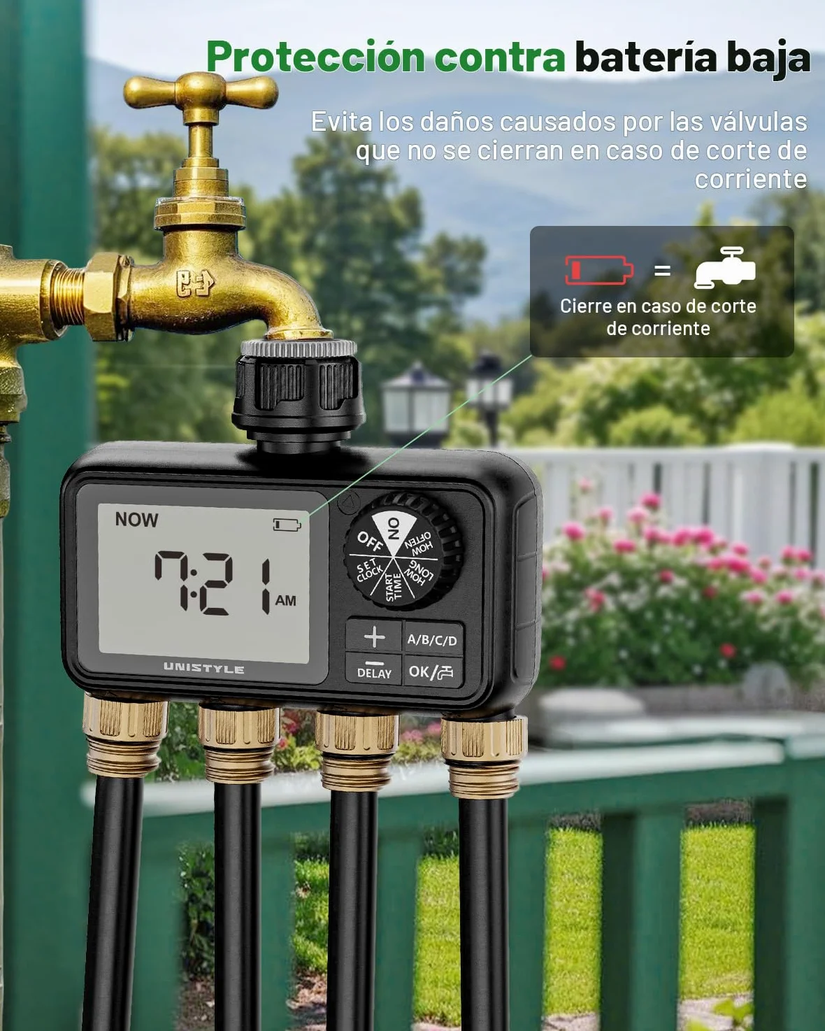 Unistyle Ordenador de riego de 4 salidas, reloj de riego automático, aspersor de césped, control de riego, sistema de riego para riego de jardín, temporizador de agua, riego de jardín