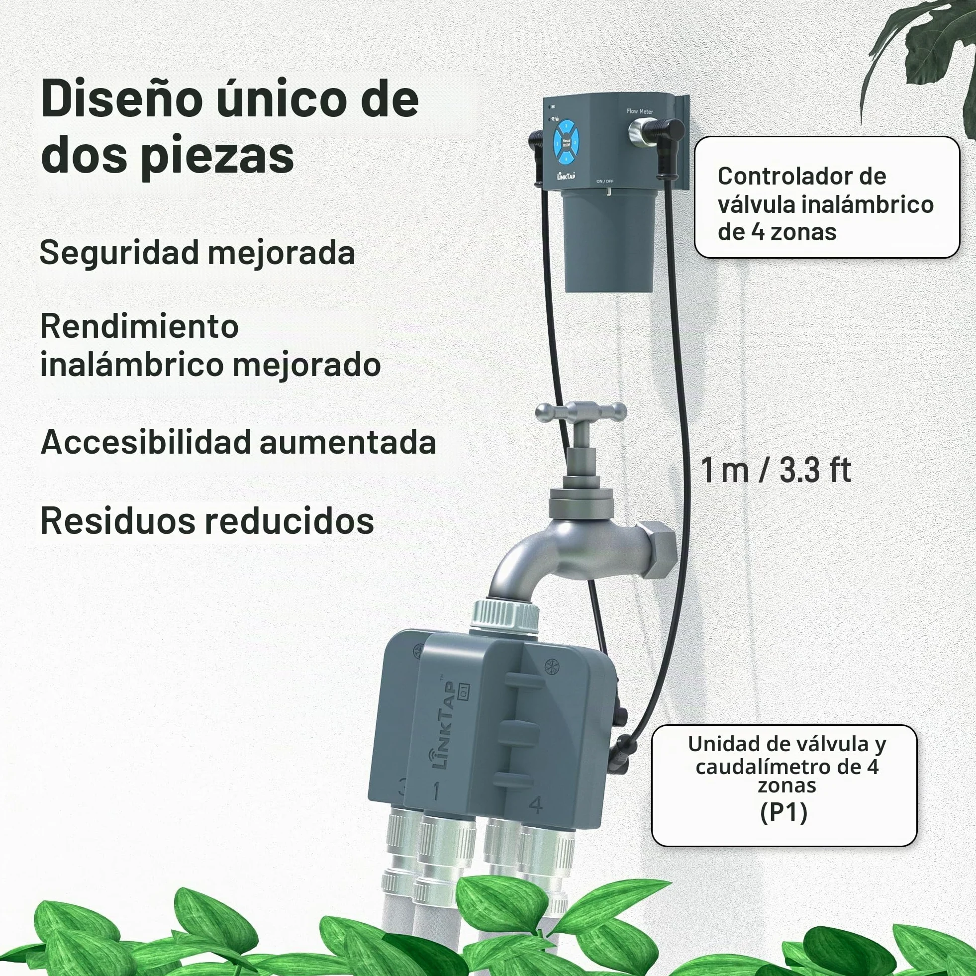 LinkTap Q1 Programador de Riego 4 Salidas y Gateway, 4 Caudalímetros, IP66 | Temporizador 4 Zonas Independientes, Riego Clima/Volumen/Tiempo, Detección Fallos y Fugas, Alimentación Flex, Anti-Helada