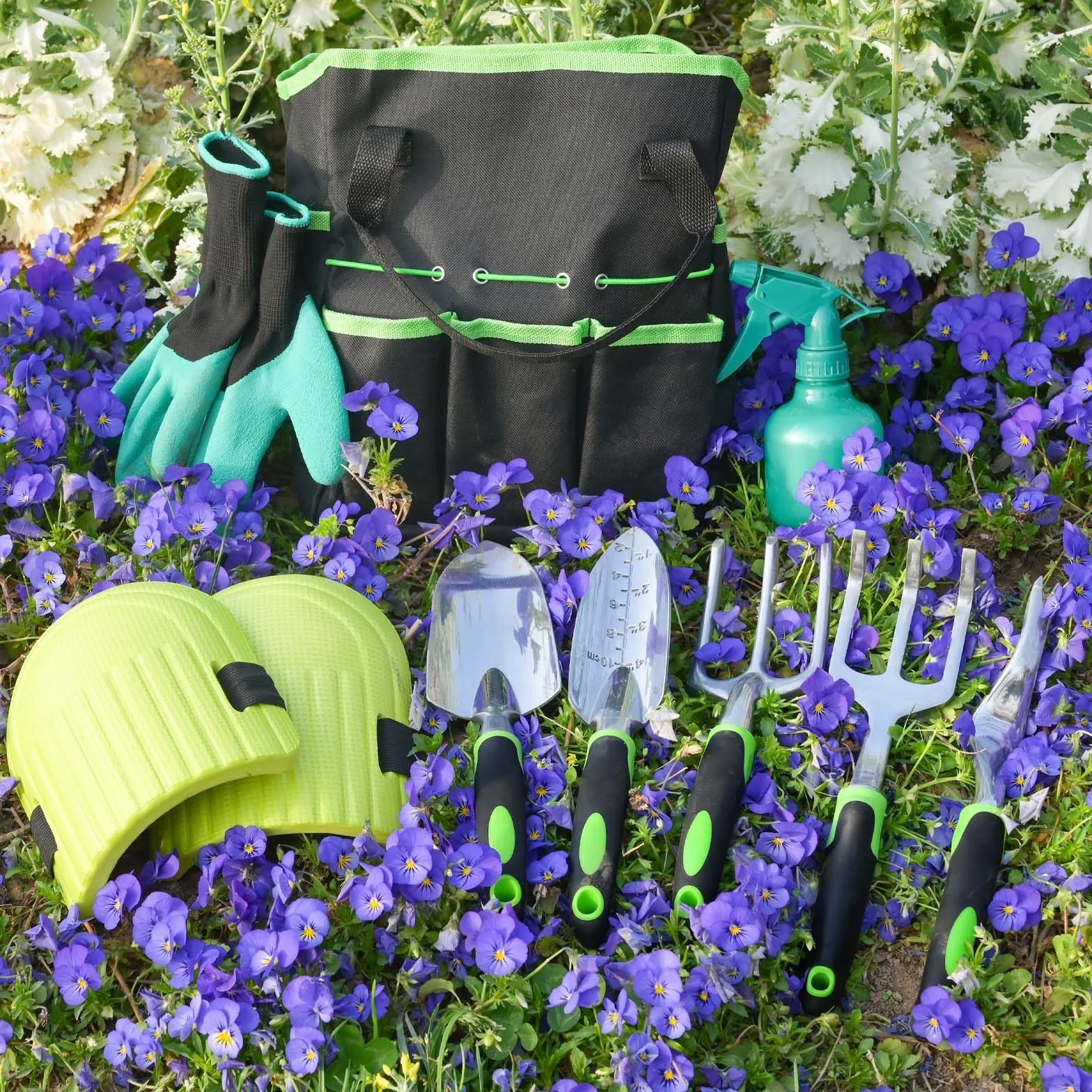 Mactoou Kit Jardineria, 12 Piezas Juego de Herramientas de jardinería con Pala Jardineria, Estera de Jardinería, Bolso de Jardín, Regalos de Jardinería para Mujeres y Hombres