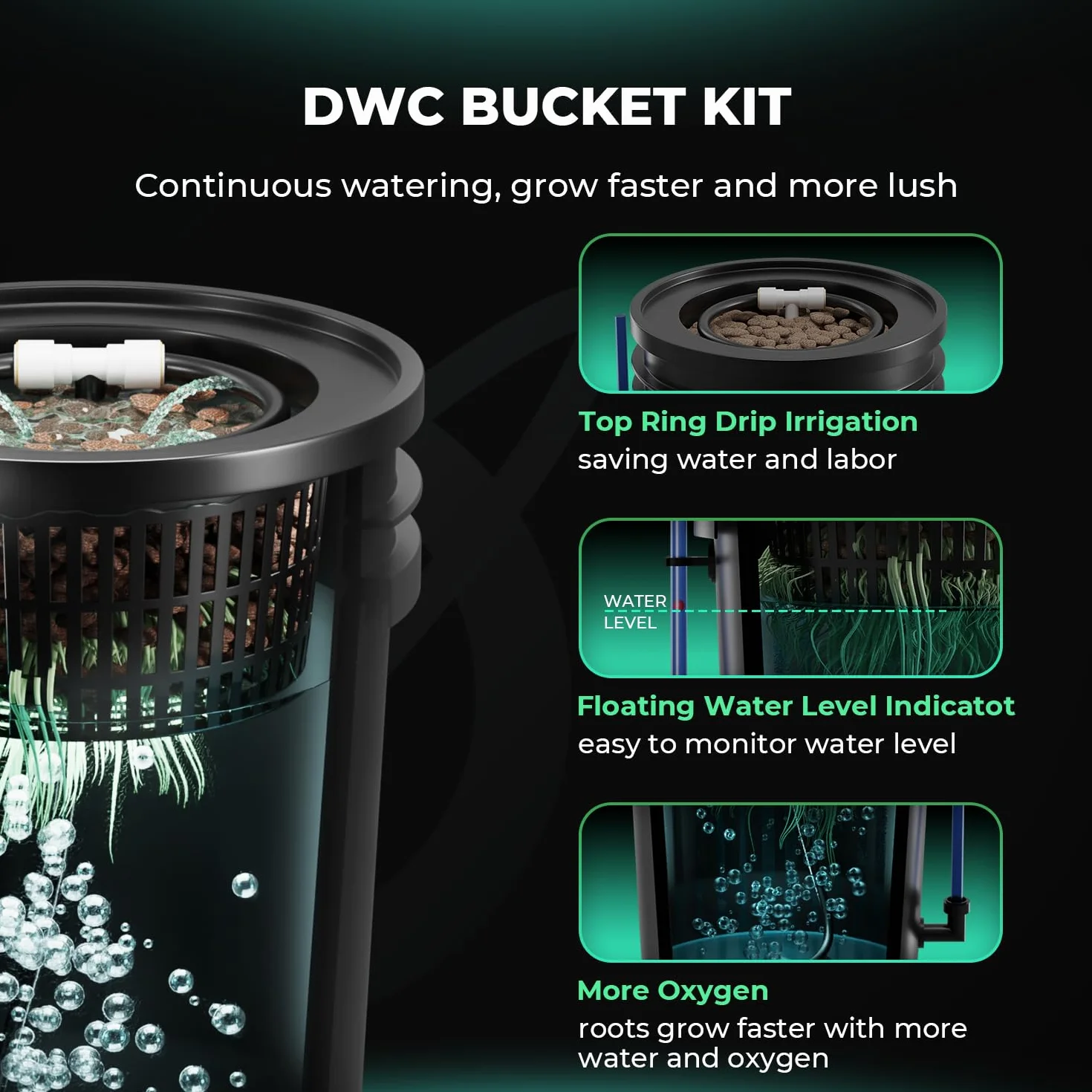 MARS HYDRO DWC Hydrokultur Anbausystem 5 Gallonen Tiefwasserkultur mit 11W Luftpumpe, Mehrzweck-Luftschlauch, Luftstein, 4 Eimern und Topf-Tropfkit