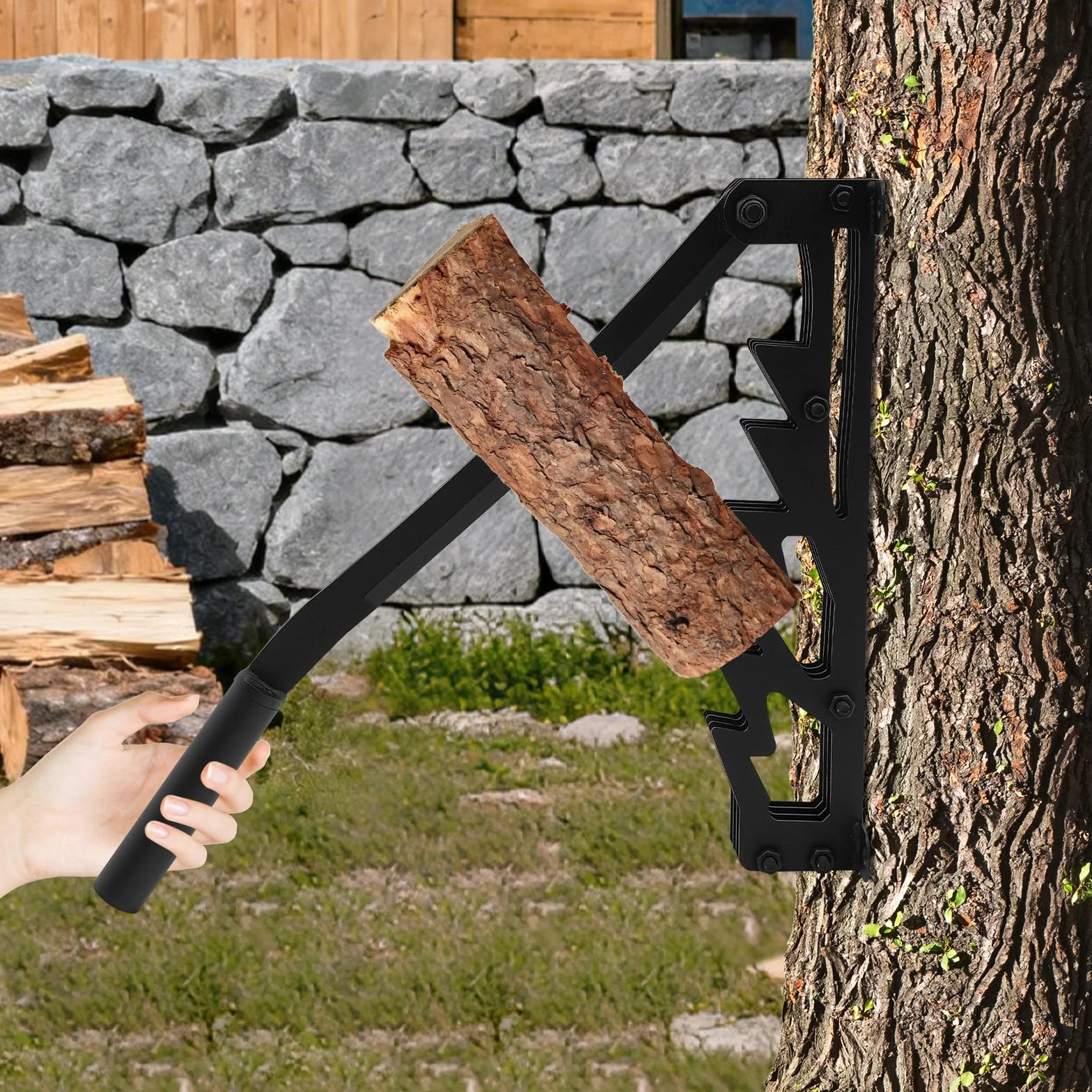 Astilladora manual de leña de hierro fundido, soporte de pared portátil para astillado de madera para interiores y exteriores, incluye 2 asas desmontables, porta leña, guantes y bolsa para leña