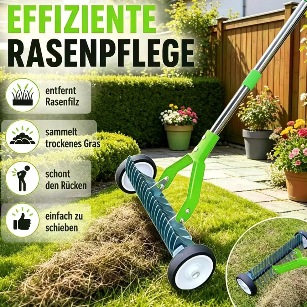 Escarificador de mano con ruedas de 165 cm, mano con saco de basura de jardín, rastrillo con mango, rastrillo de corte con mango, escarificador, para eliminar el fieltro del césped