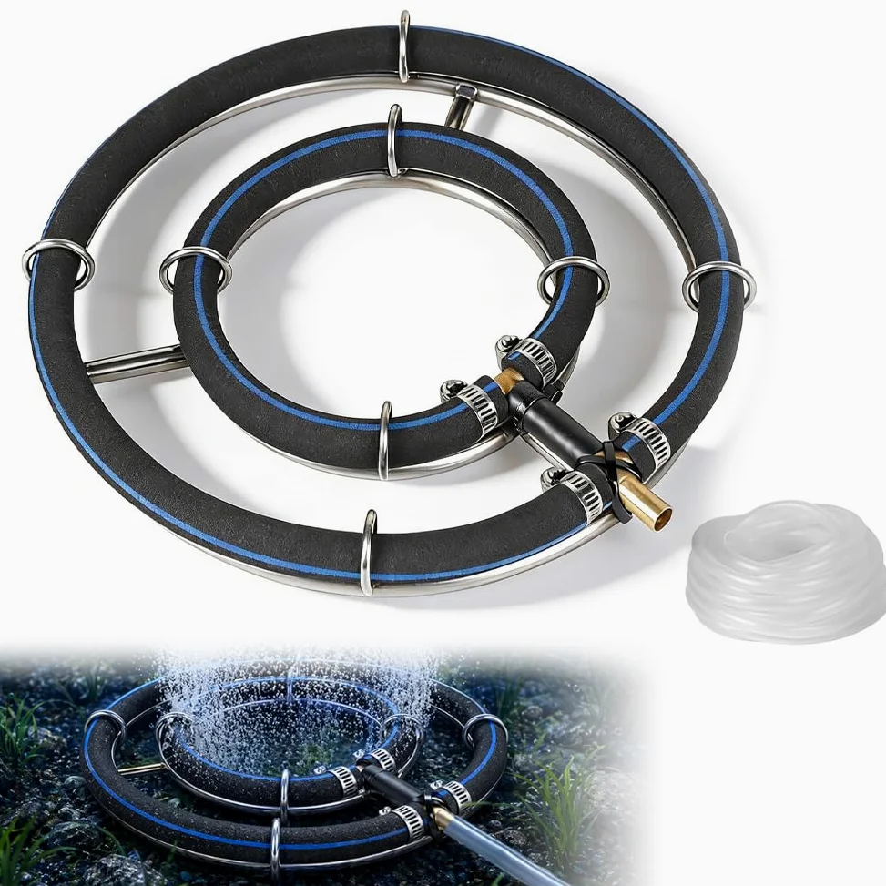 CEWROM Aireador de estanque, anillo de aireación de 25 cm de diámetro, anillo de ventilación 2 en 1, diámetro de tubo de 8 mm, aireador de estanque con manguera de 9 mm de diámetro, anillo de