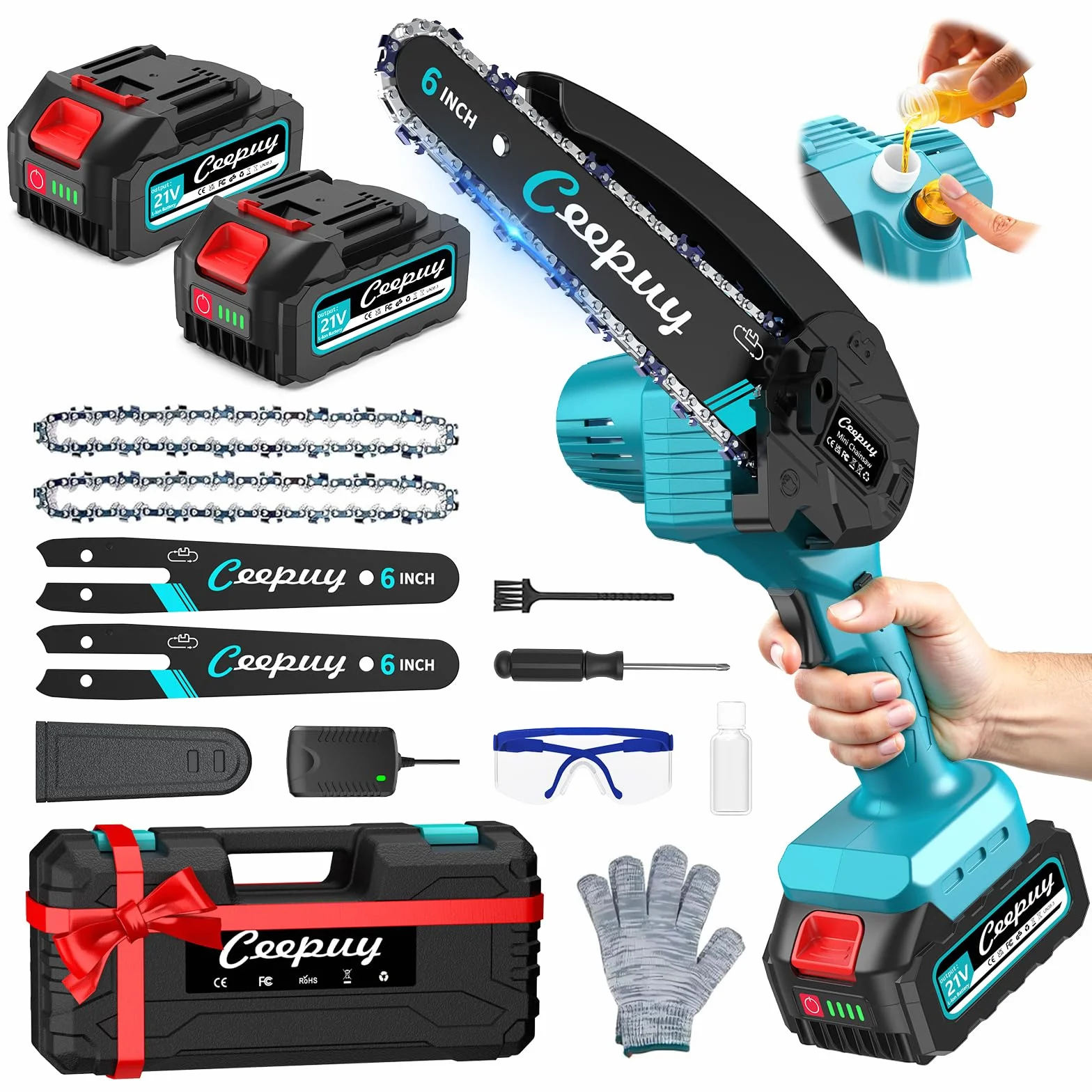 Mini Motosierra Batería 6 Pulgadas 2×4000mAh, Sierra Eléctrica Inalámbrica con Depósito de Aceite, Portátil para Podar Jardinería y Árboles