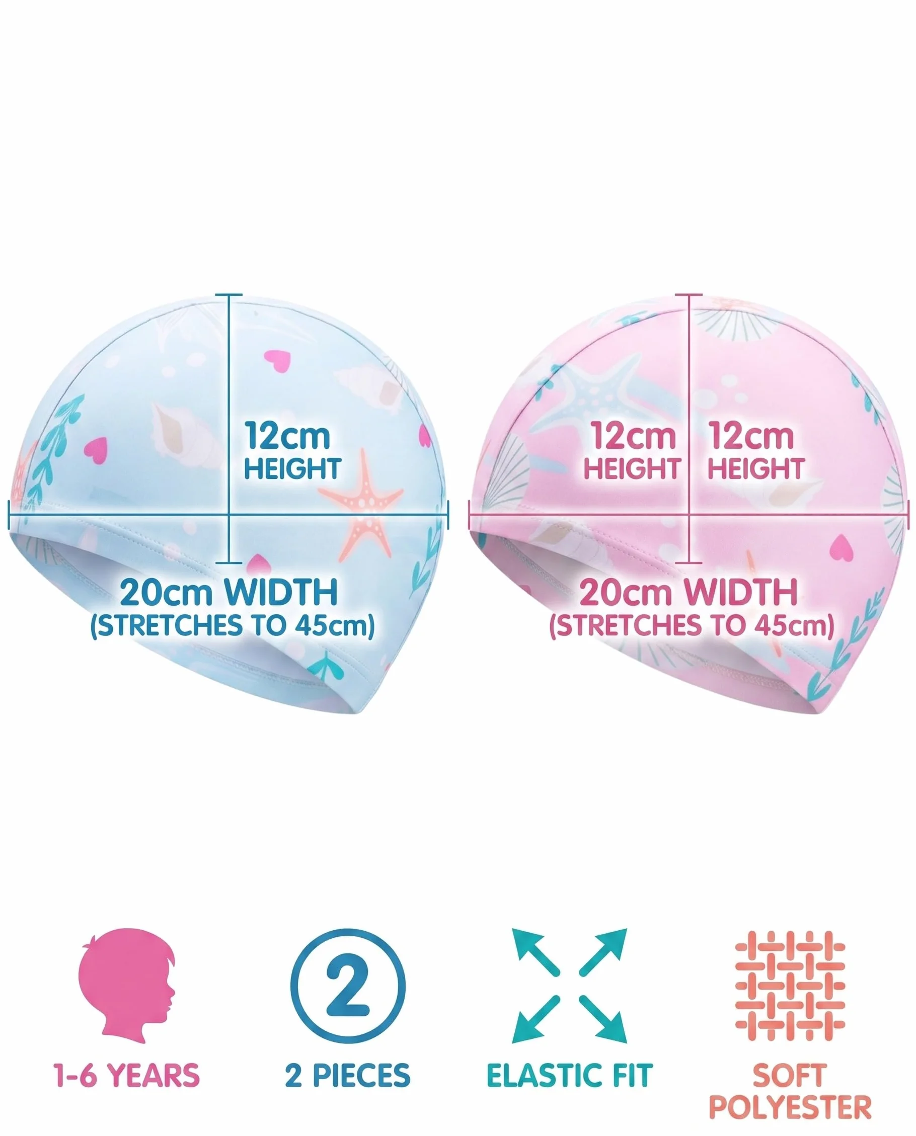 Gorros de Natación para Niños 2 Piezas, Poliéster, Suaves, Elásticos, Rosa y Azul, 1-6 Años