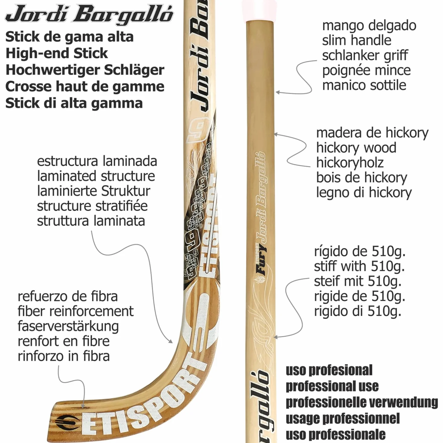 Jordi BARGALLÓ Stick de Hockey Profesional Rígido Peso Medio Mango Delgado Hickory Pala Laminada Fibra Exterior