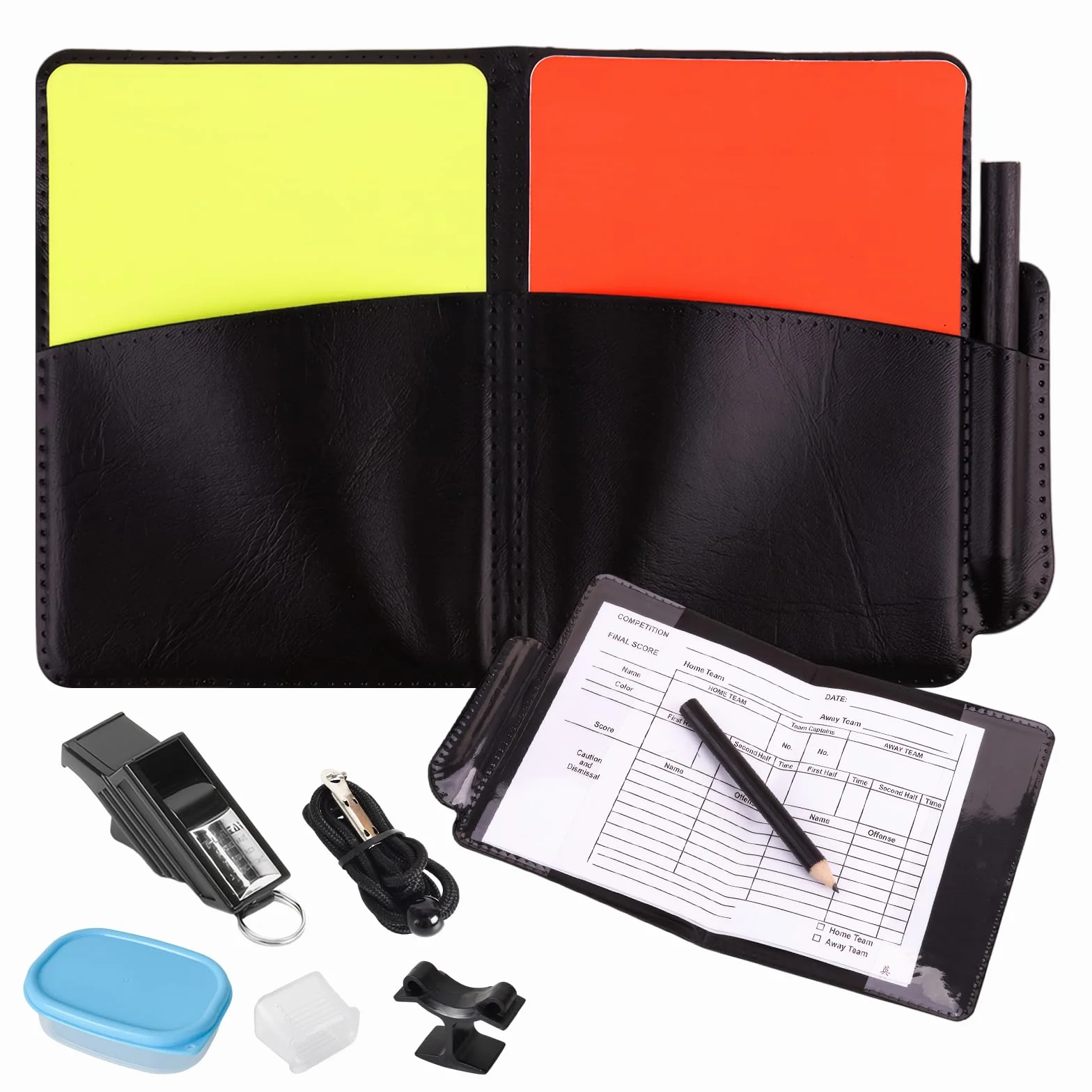 Juego de Árbitro Profesional con Silbato, Tarjetas Roja y Amarilla, Tarjetero y Funda Protectora para Fútbol