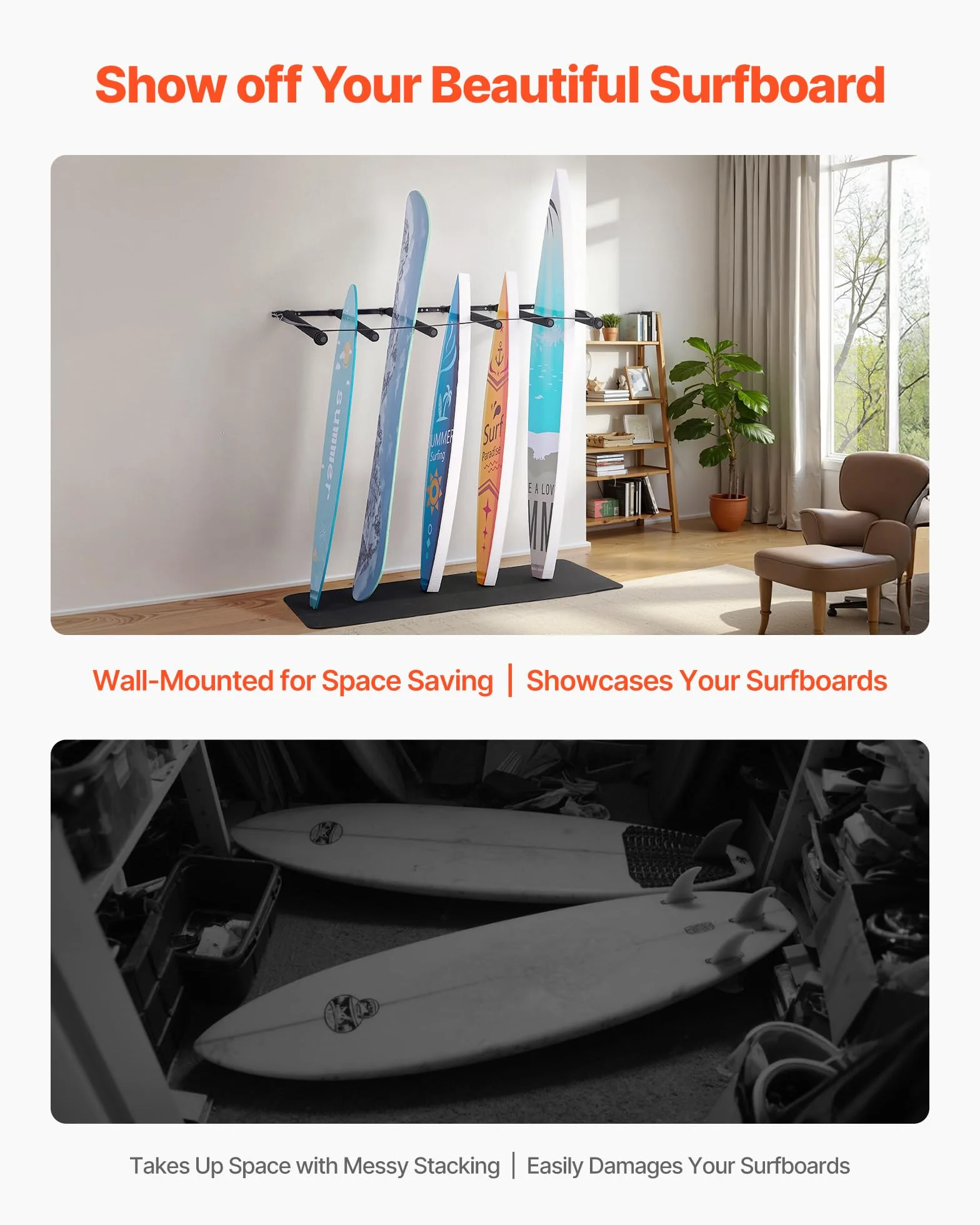 VEVOR Soporte de Pared para Tablas de Surf de 5 Niveles, Organizador Ajustable Negro