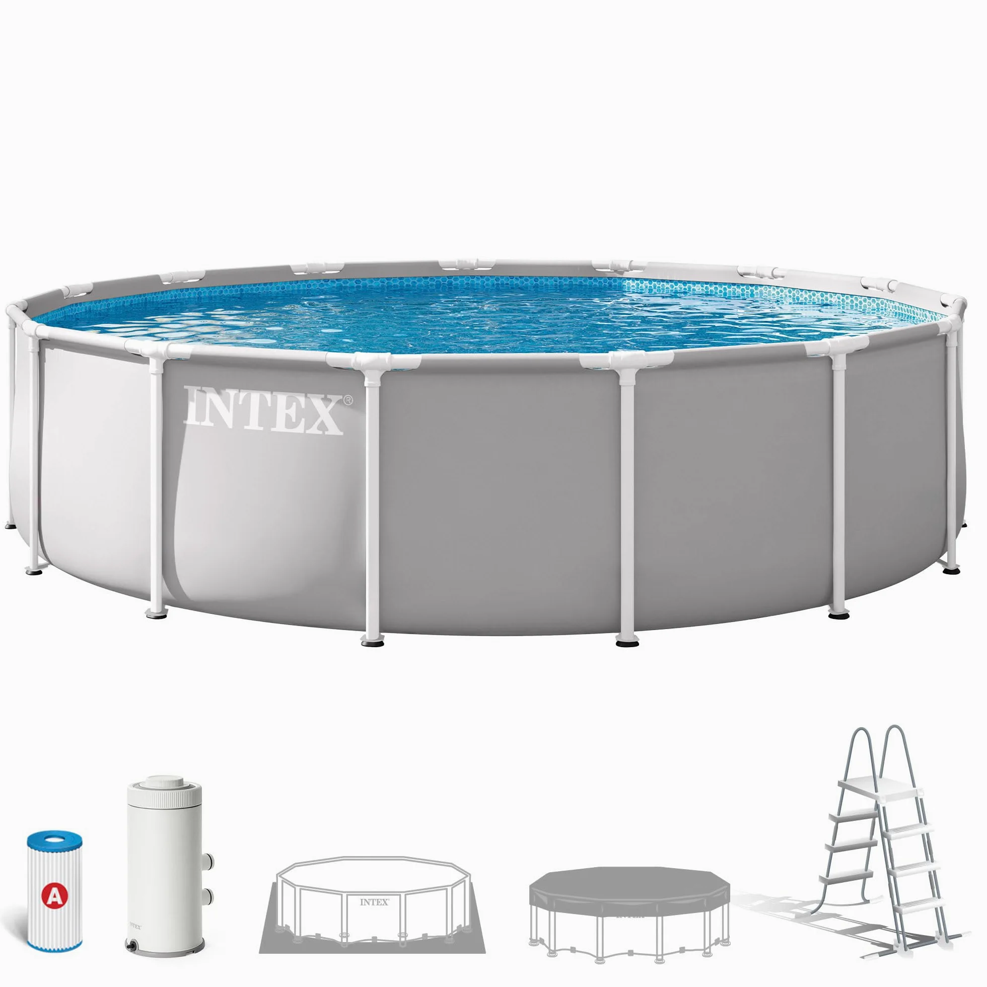 Intex - Piscina Desmontable, Gris, D457x107 cm, Capacidad para 14.614 litros, Escalera, Tapiz, Cobertor, Estructura metálica, Montaje 45 Minutos, Conexiones Ø32 mm (56084)