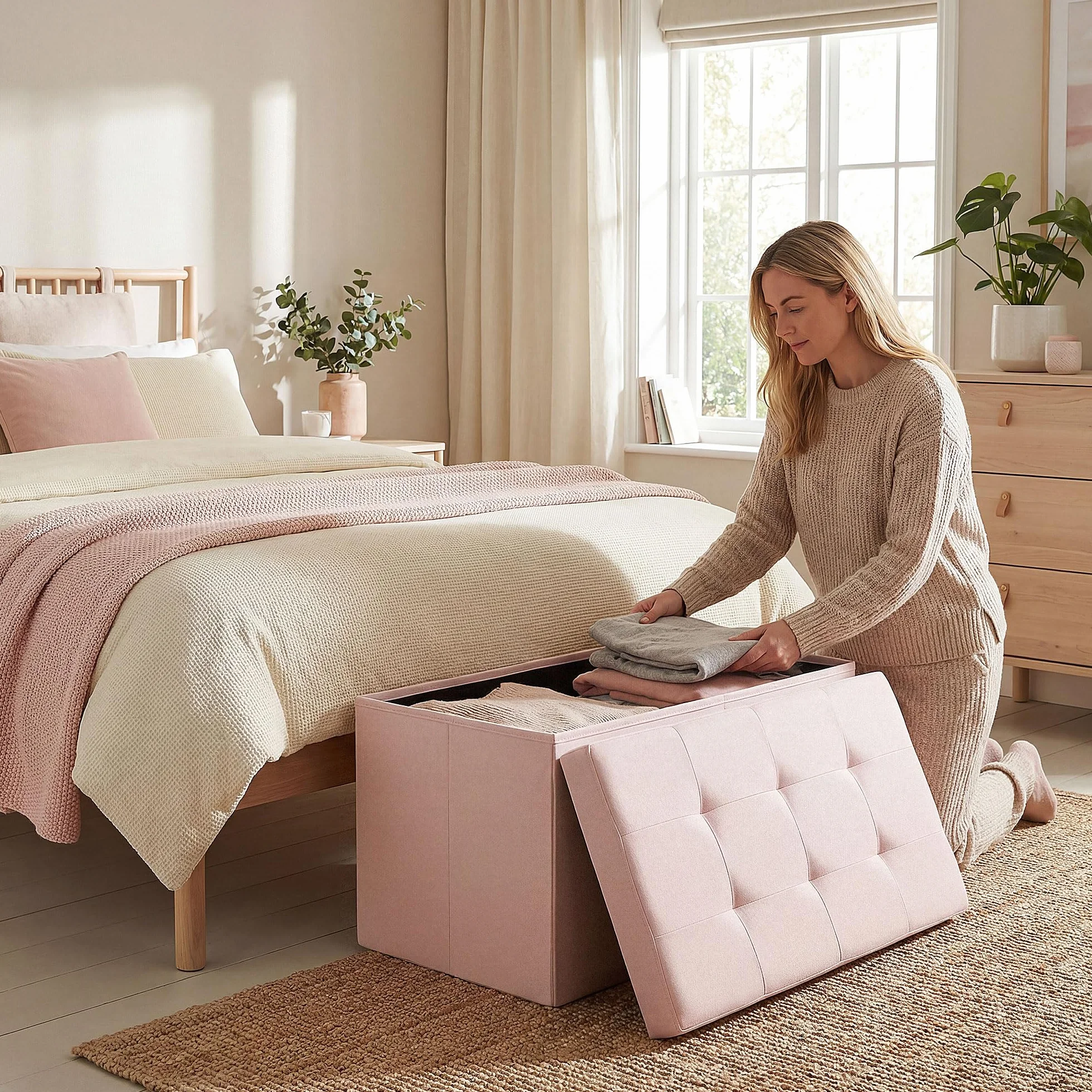 HOMCOM Puff Almacenaje, Banco Almacenaje Plegable, 84 L, 76x38x38 cm, Tapizado en Lino Sintético, Baúl de Almacenamiento, Carga 120 kg, Taburete para Sala de Estar, Dormitorio, Entrada, Rosa